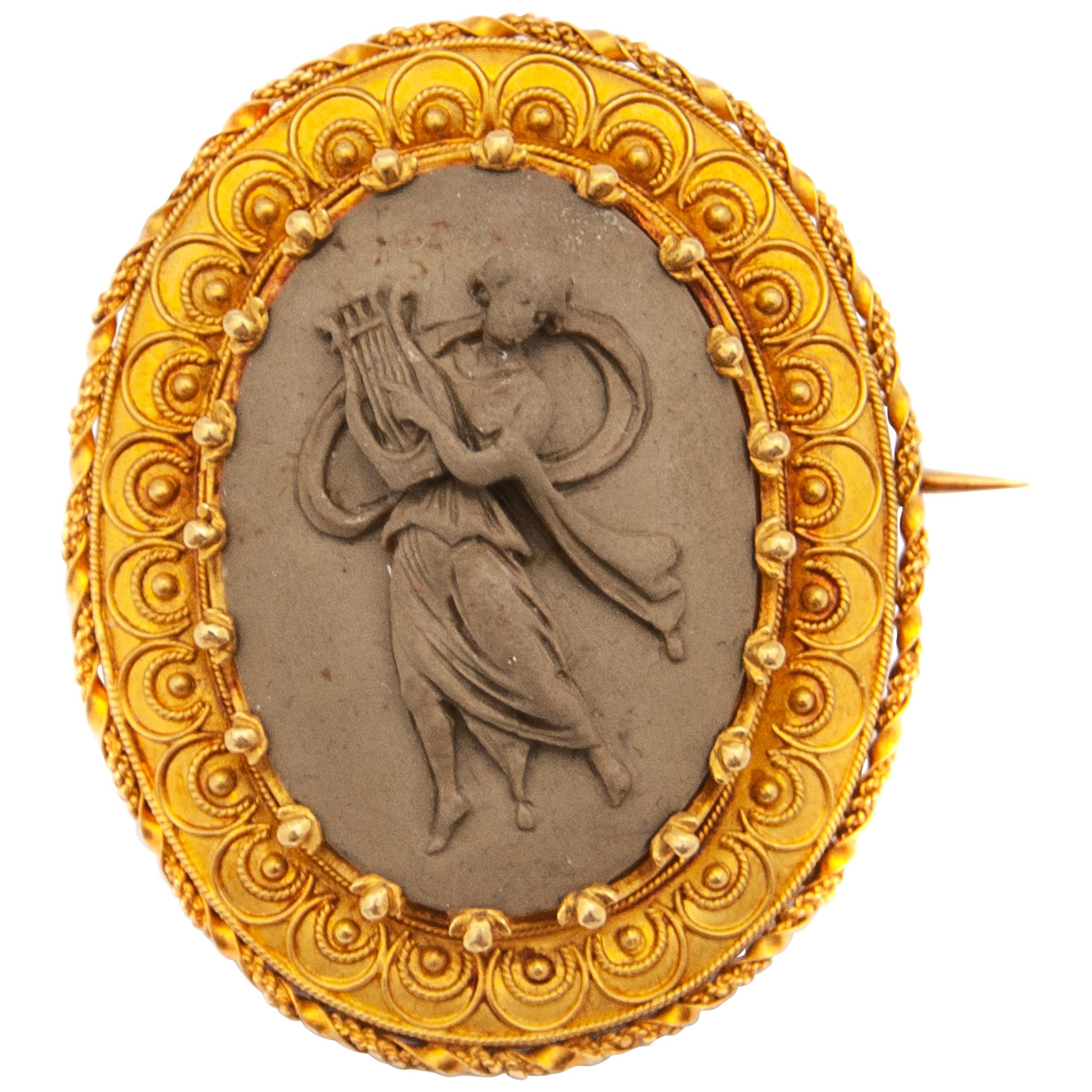 Victorian High Relief Lava Cameo 14K Yellow Gold Brooch