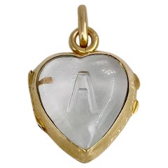 Victorian 14 Karat Yellow Gold Letter A Rock Crystal Heart Shape Locket Pendant
