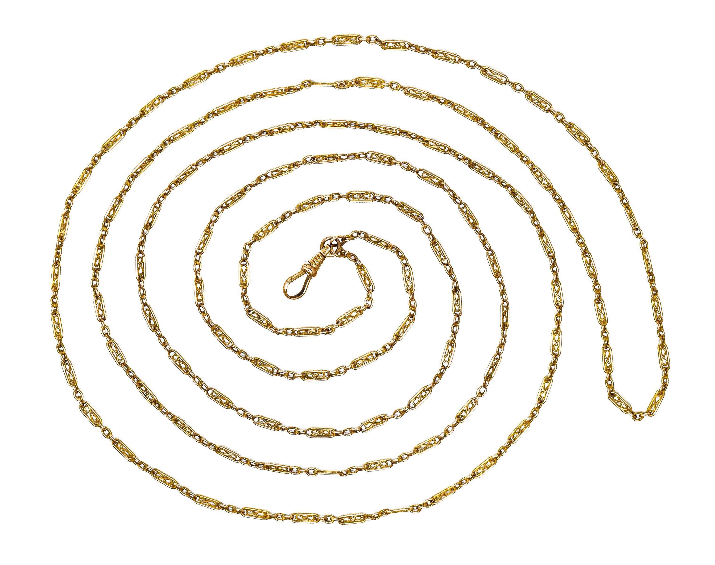 Bestehend aus Kabelgliederkette im Wechsel mit länglichen ovalen Gliedern
Filigranes Unendlichkeitsmotiv in der Mitte
Vervollständigt durch einen großen Karabinerverschluß
Geprüft als 14 Karat Gold
CIRCA: 1860er Jahre
Breite an der breitesten