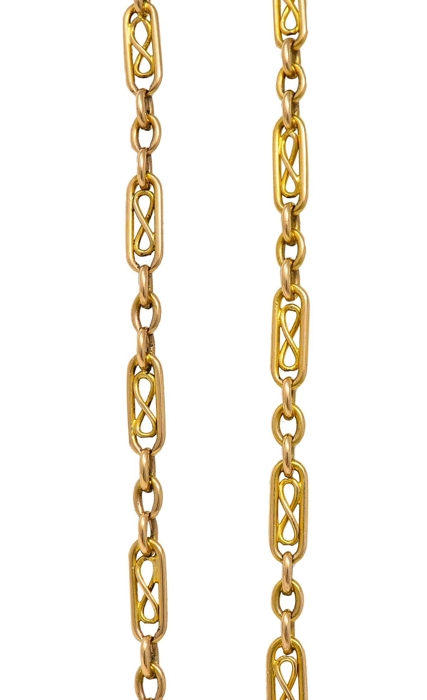 Victorian 14 Karat Yellow Gold Link 64 1/2 IN Long Antique Fob Chain Necklace For Sale 1