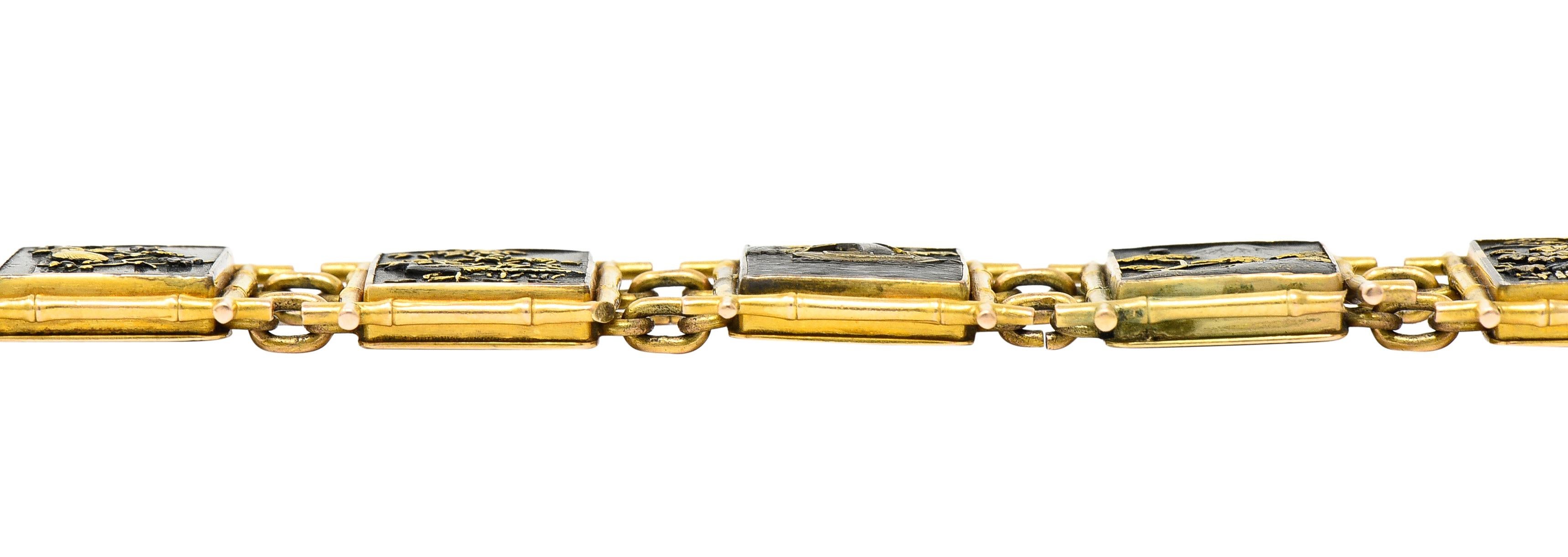 Victorian 14 Karat Yellow Gold Mixed Metals Shakudo Bamboo Scenic Link Bracelet 7
