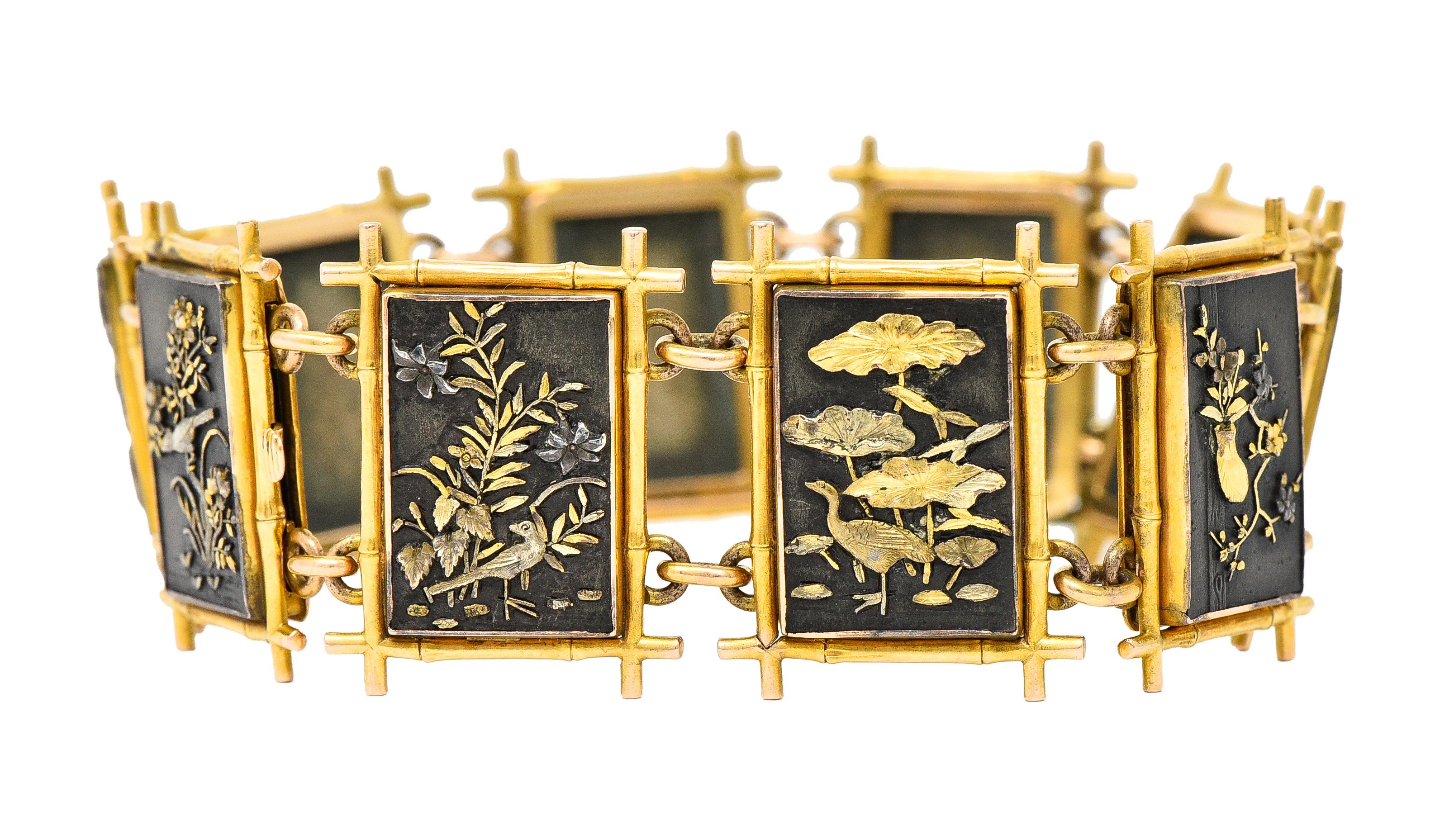Women's or Men's Victorian 14 Karat Yellow Gold Mixed Metals Shakudo Bamboo Scenic Link Bracelet