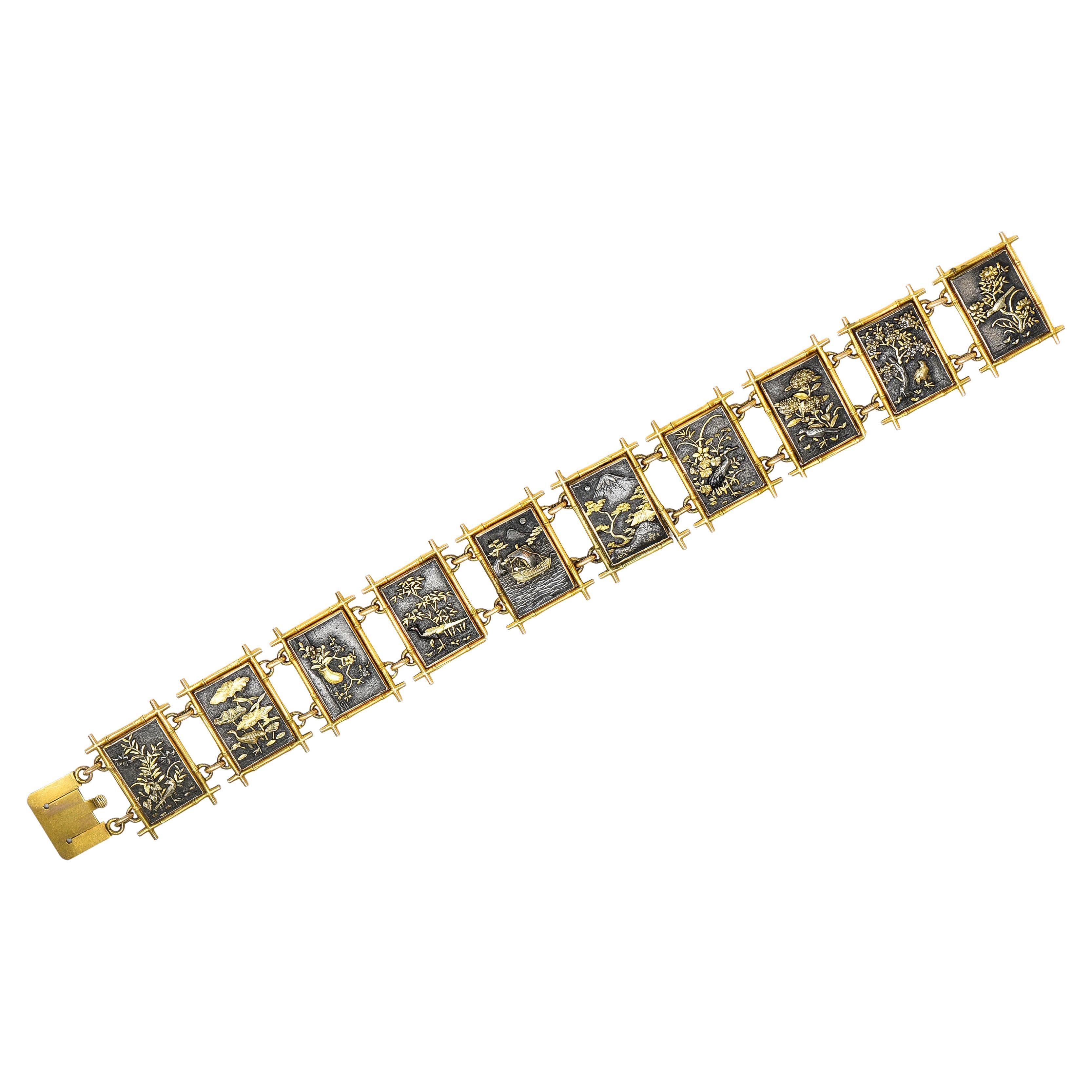Victorian 14 Karat Yellow Gold Mixed Metals Shakudo Bamboo Scenic Link Bracelet