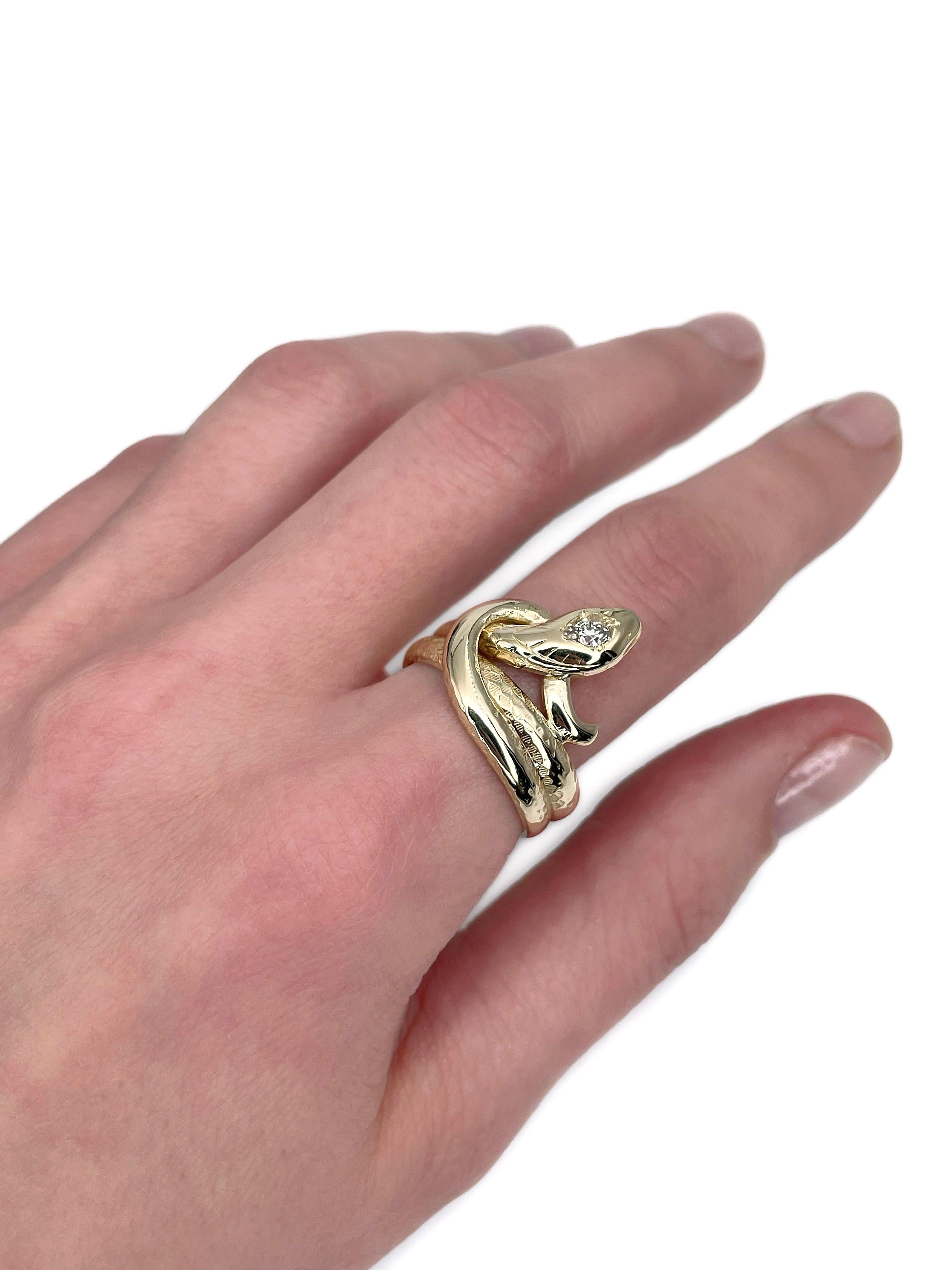 This is a Victorian snake ring crafted in 14K slightly yellow gold. Circa 1900. 

The piece features old cut diamond.

Signed “585”

Weight: 10.61g
Size: 19 (US 9)

IMPORTANT: please ask about the possibility to resize before purchase. This process