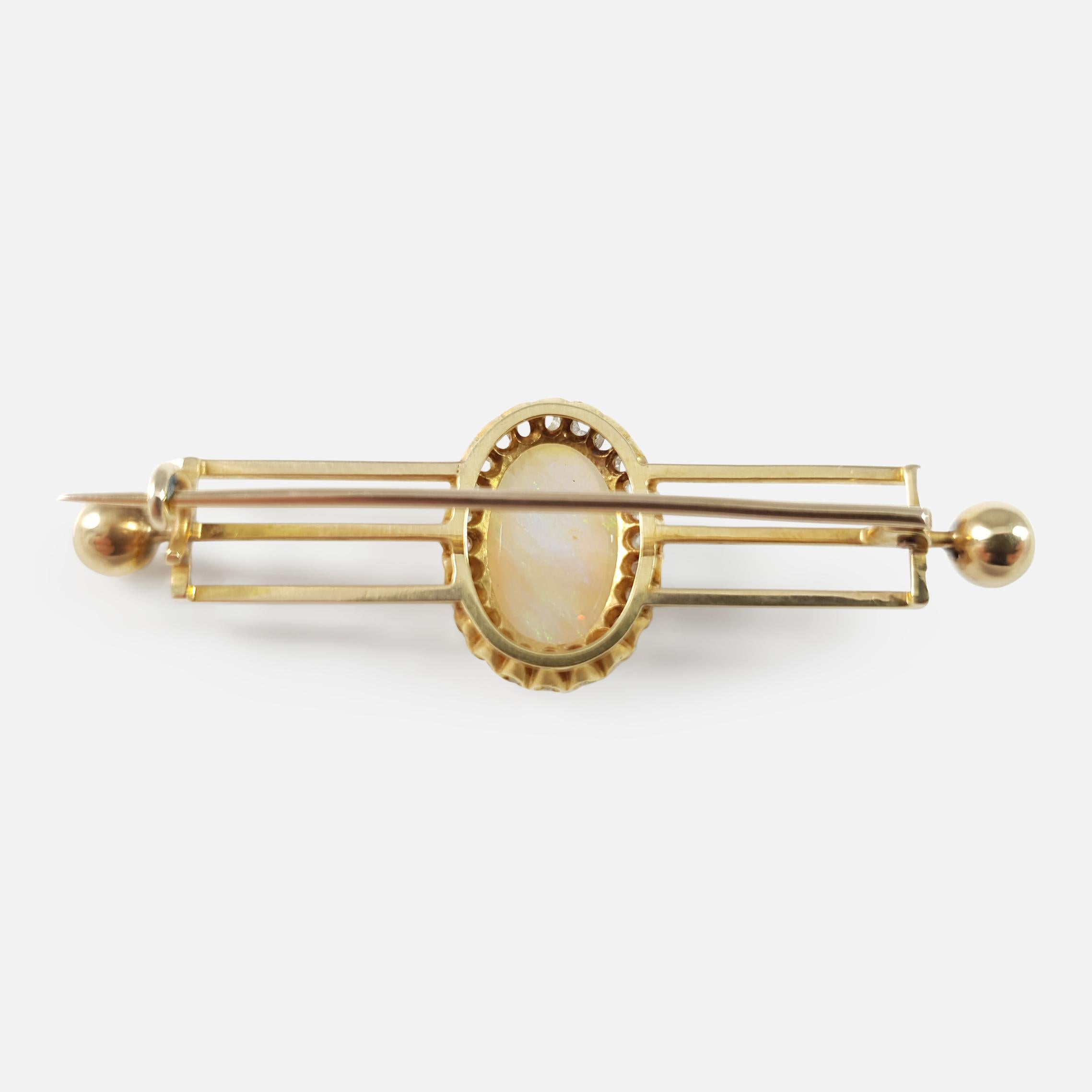 Victorian 14 Karat Yellow Gold Opal and Diamond Cluster Bar Brooch In Good Condition In Glasgow, GB