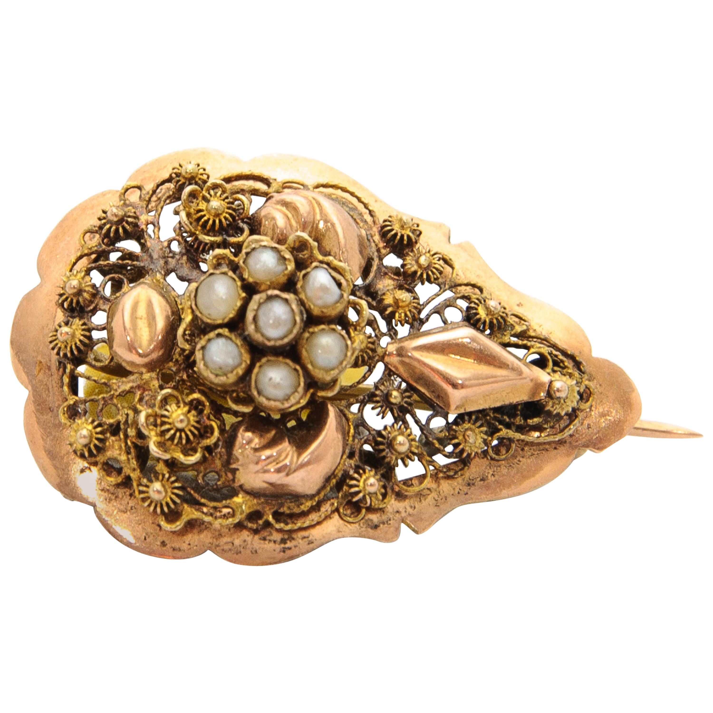 Antique Gold Cannetille and Seed Pearl Pin Brooch For Sale