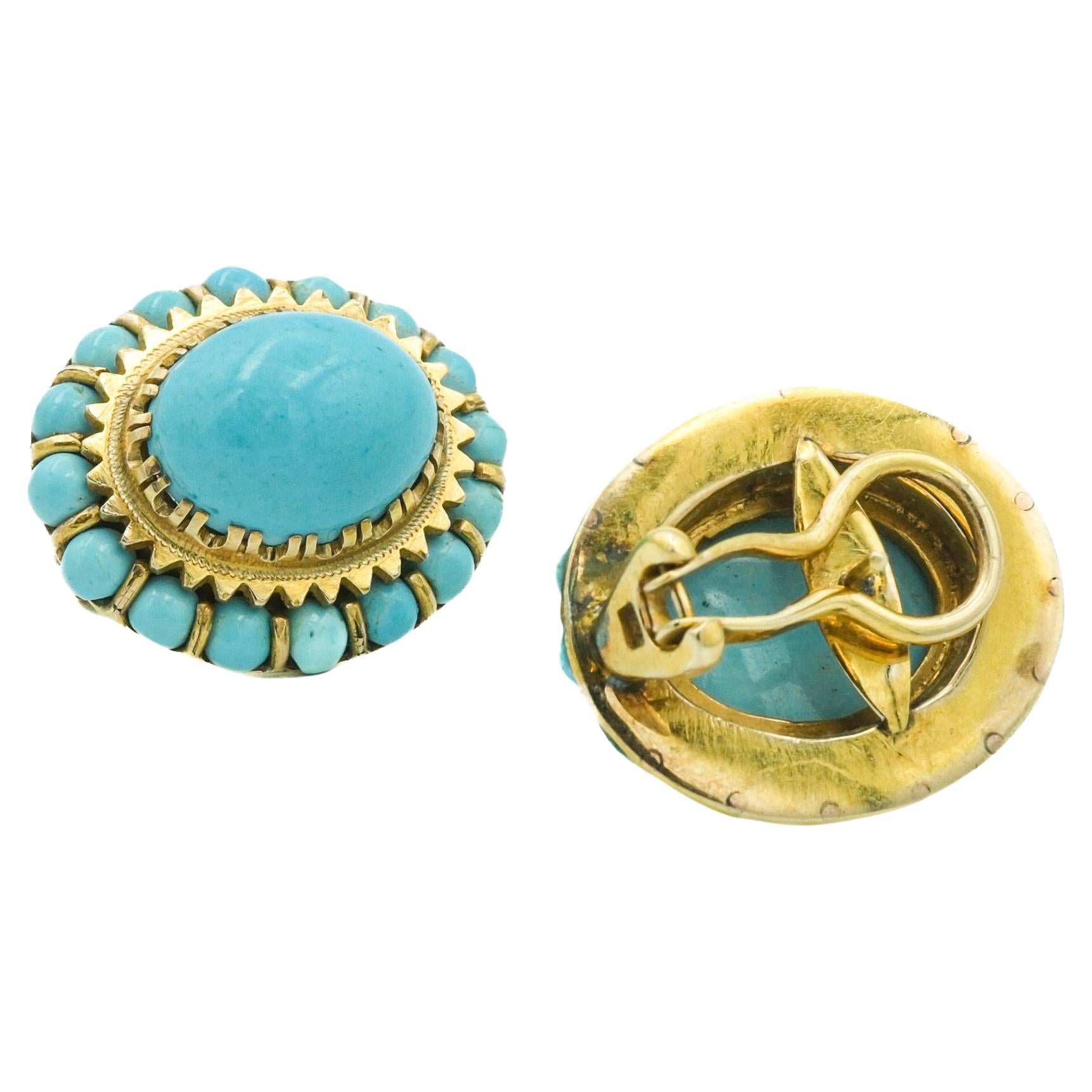 These Victorian 14-karat gold cluster earrings are a classic piece of antique jewelry, featuring stunning robin's egg blue turquoise stones. Each earring contains a large central turquoise cabochon, surrounded by a halo of smaller turquoise gems,