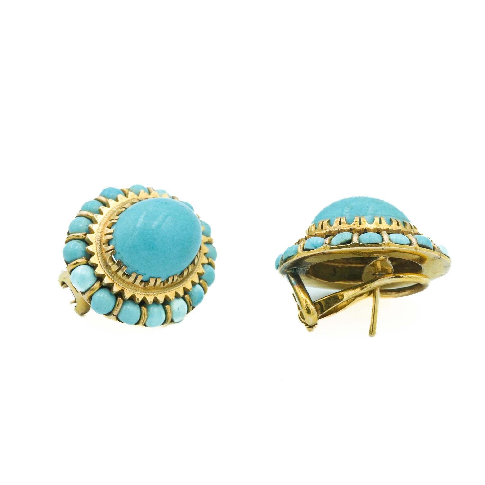 Cabochon Victorian Turquoise Robins Egg Blue Cluster Earrings in 14 Karat Yellow Gold