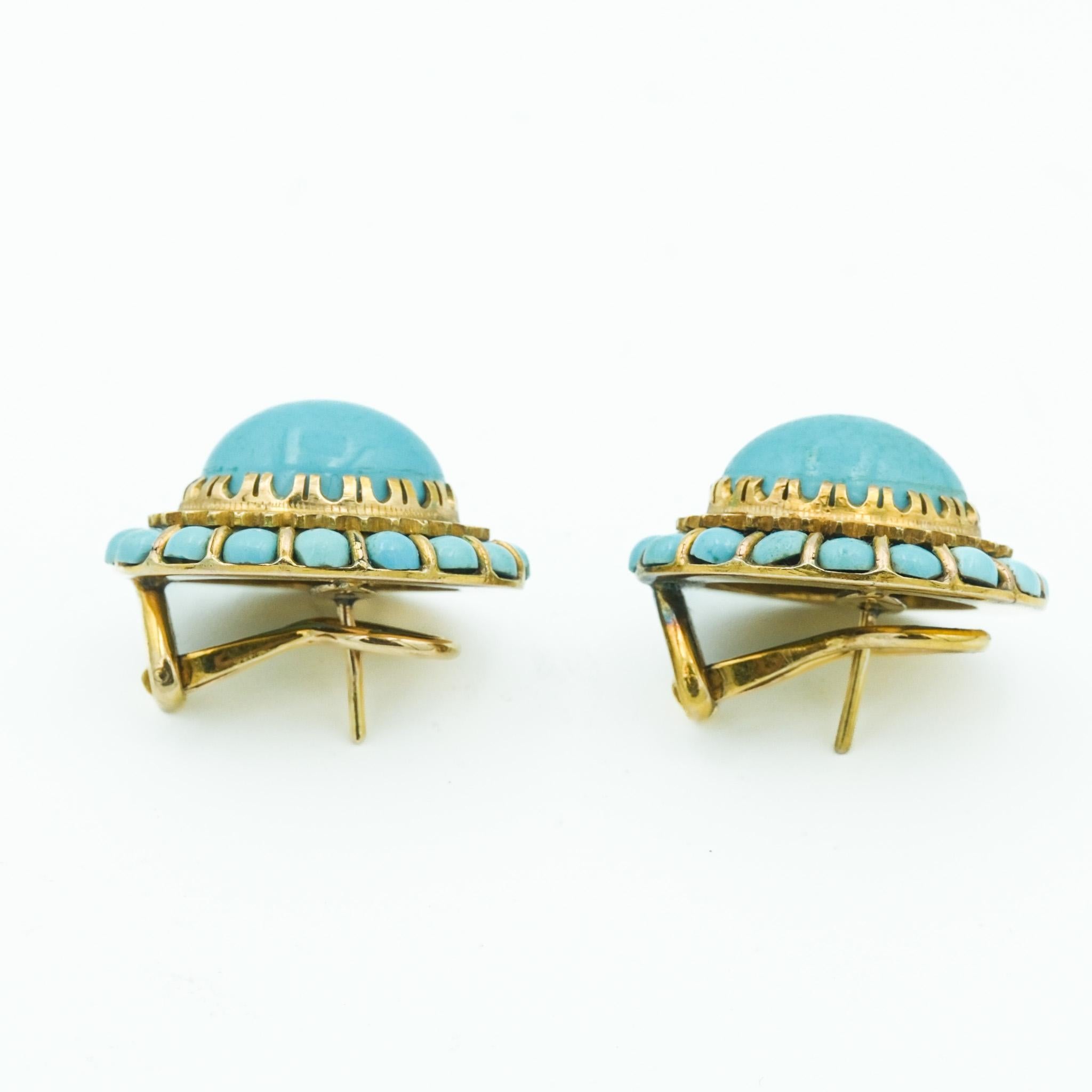 Victorian Turquoise Robins Egg Blue Cluster Earrings in 14 Karat Yellow Gold In Good Condition In Fairfield, CT