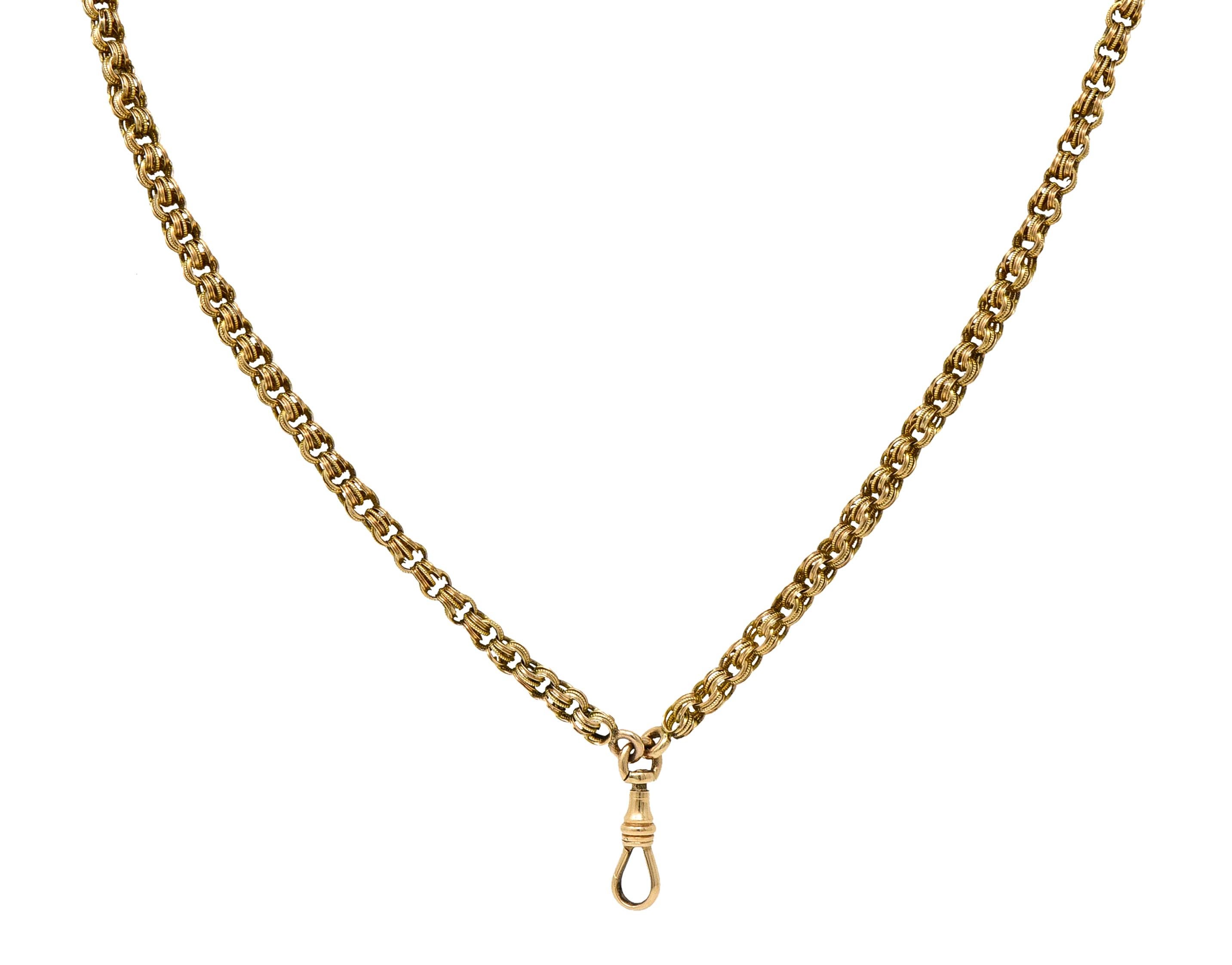 Victorian 14 Karat Yellow Gold Rollo Link Long Antique Fob Chain Necklace In Excellent Condition For Sale In Philadelphia, PA