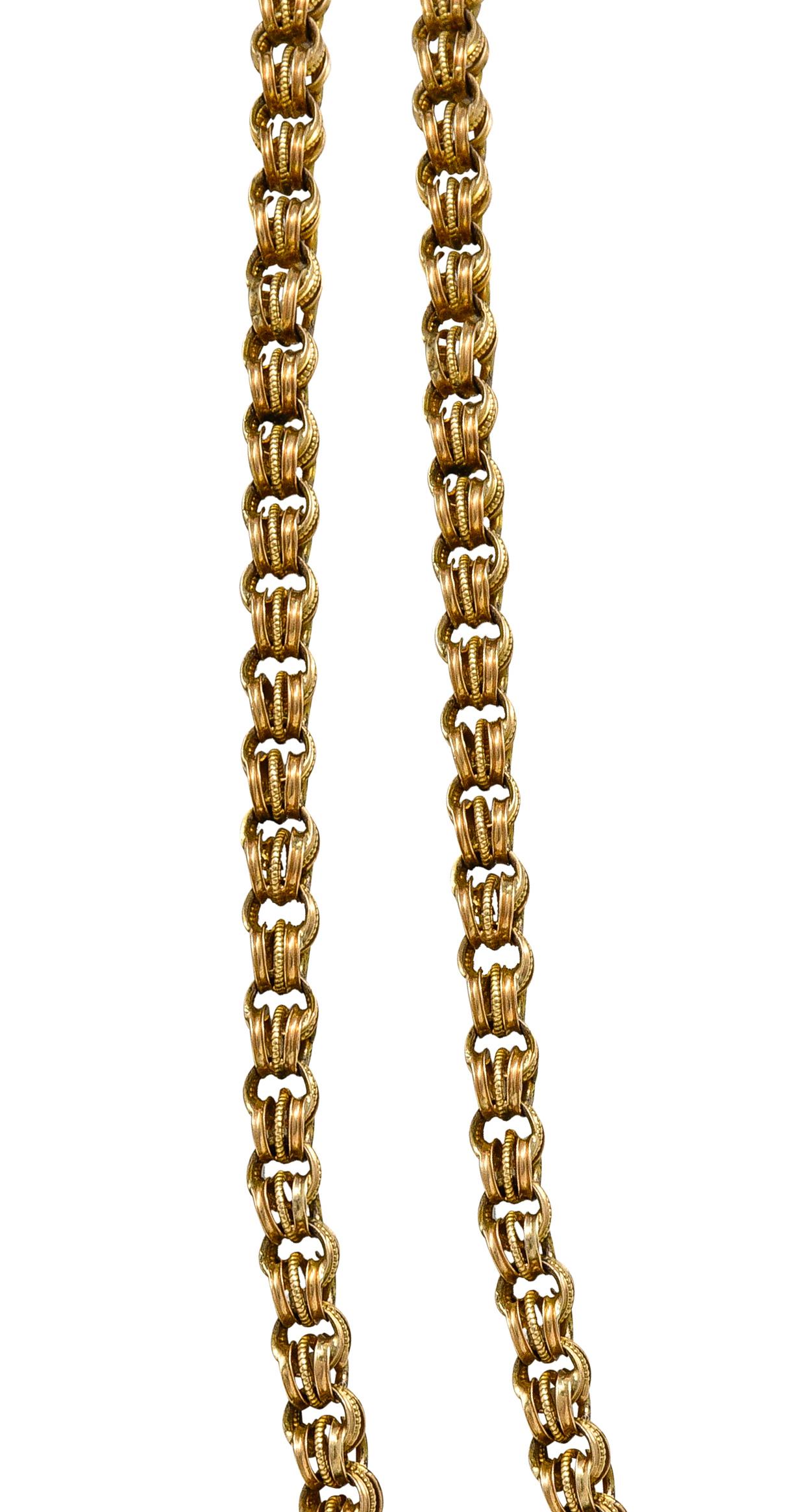 Women's or Men's Victorian 14 Karat Yellow Gold Rollo Link Long Antique Fob Chain Necklace For Sale