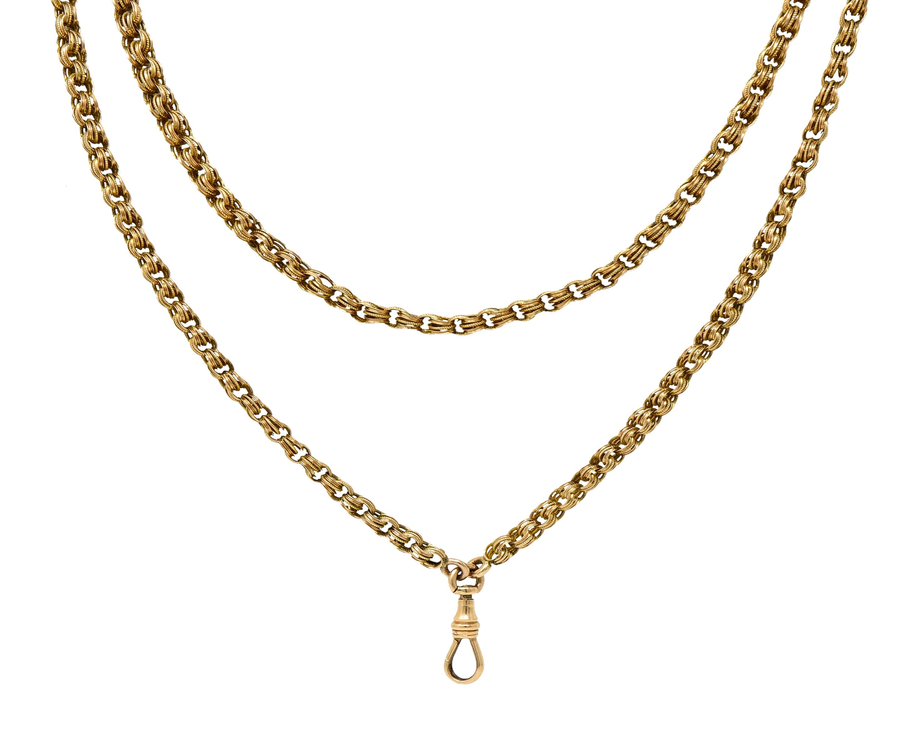 Victorian 14 Karat Yellow Gold Rollo Link Long Antique Fob Chain Necklace For Sale 1