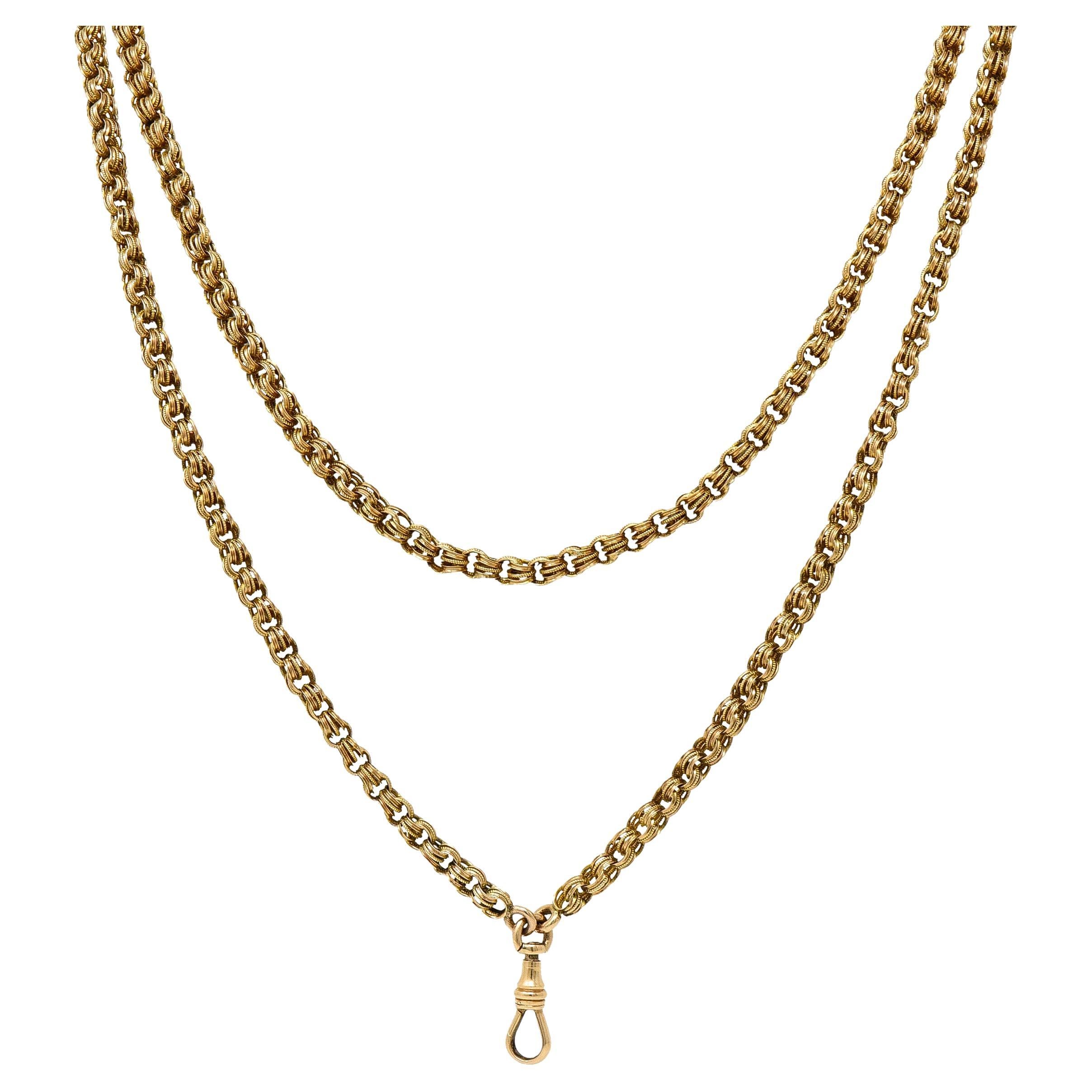 Victorian 14 Karat Yellow Gold Rollo Link Long Antique Fob Chain Necklace For Sale
