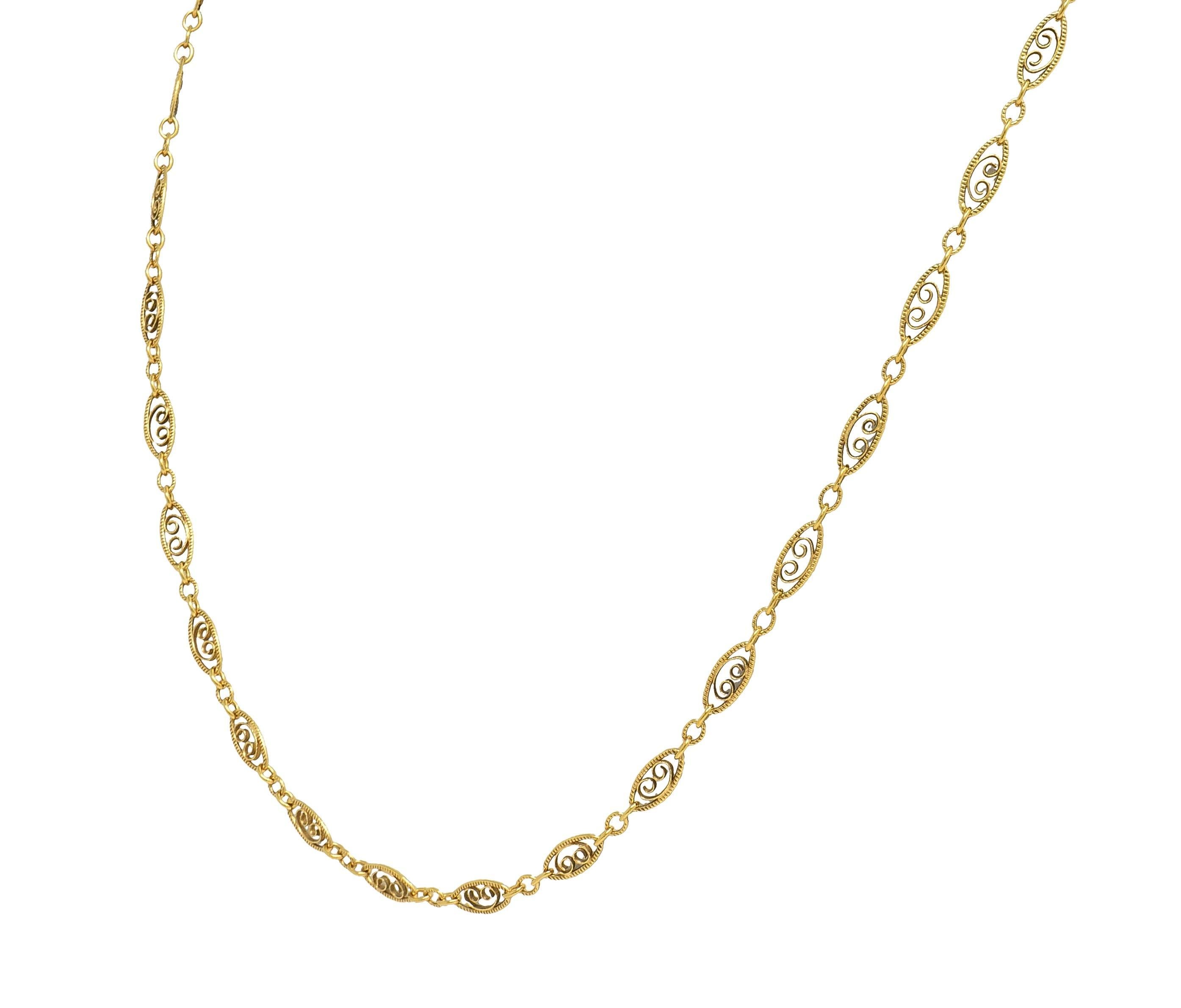 Women's or Men's Victorian 14 Karat Yellow Gold Scrolling Navette Link Antique Chain Necklace