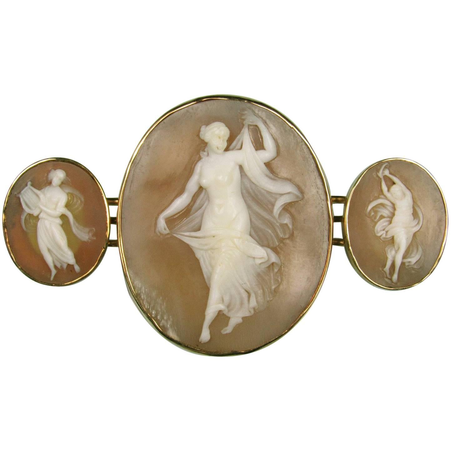 Victorian 14 Karat Yellow Gold Triple Shell Carved Cameo Brooch For Sale