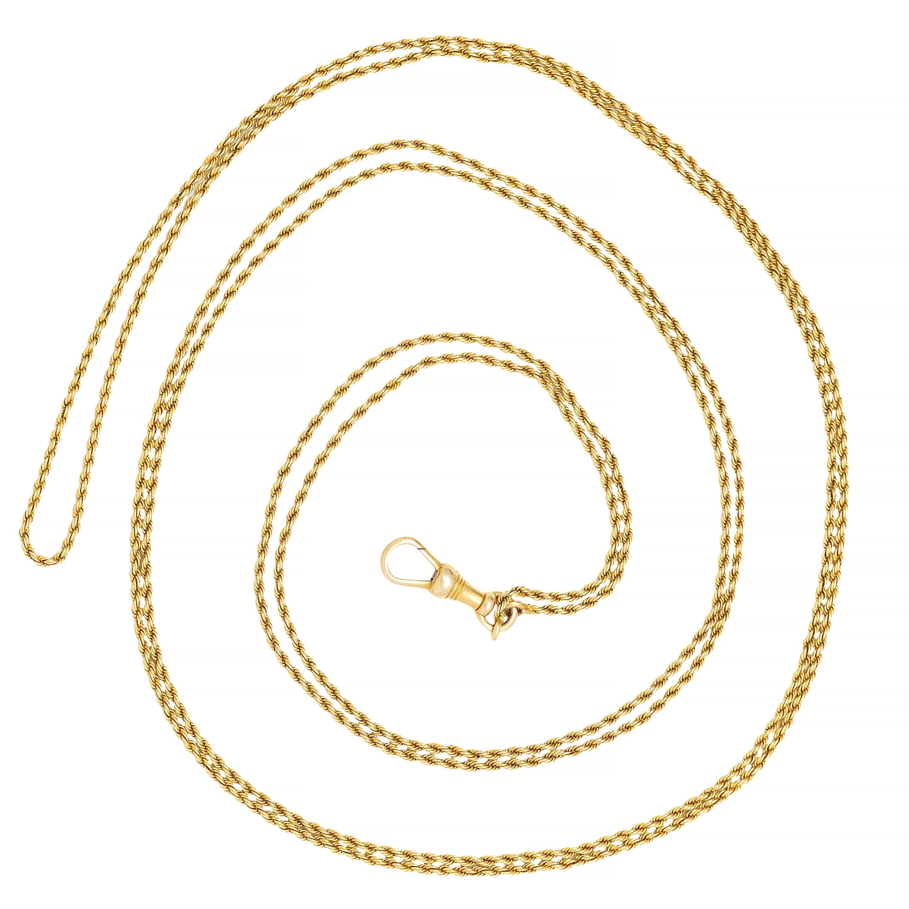 Designed as a 1.5 mm twisted rope chain 
Terminating with a hinged fob lobster clasp 
Stamped for 14 karat gold
With maker's mark
Circa: 1870s
Width at widest: 1/4 inch
Length: 49 1/2 inches - including fob clasp
Total weight: 11.7 grams
Stock