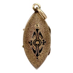 Pendentif médaillon de deuil victorien 14 Kart en or et émail noir avec cheveux