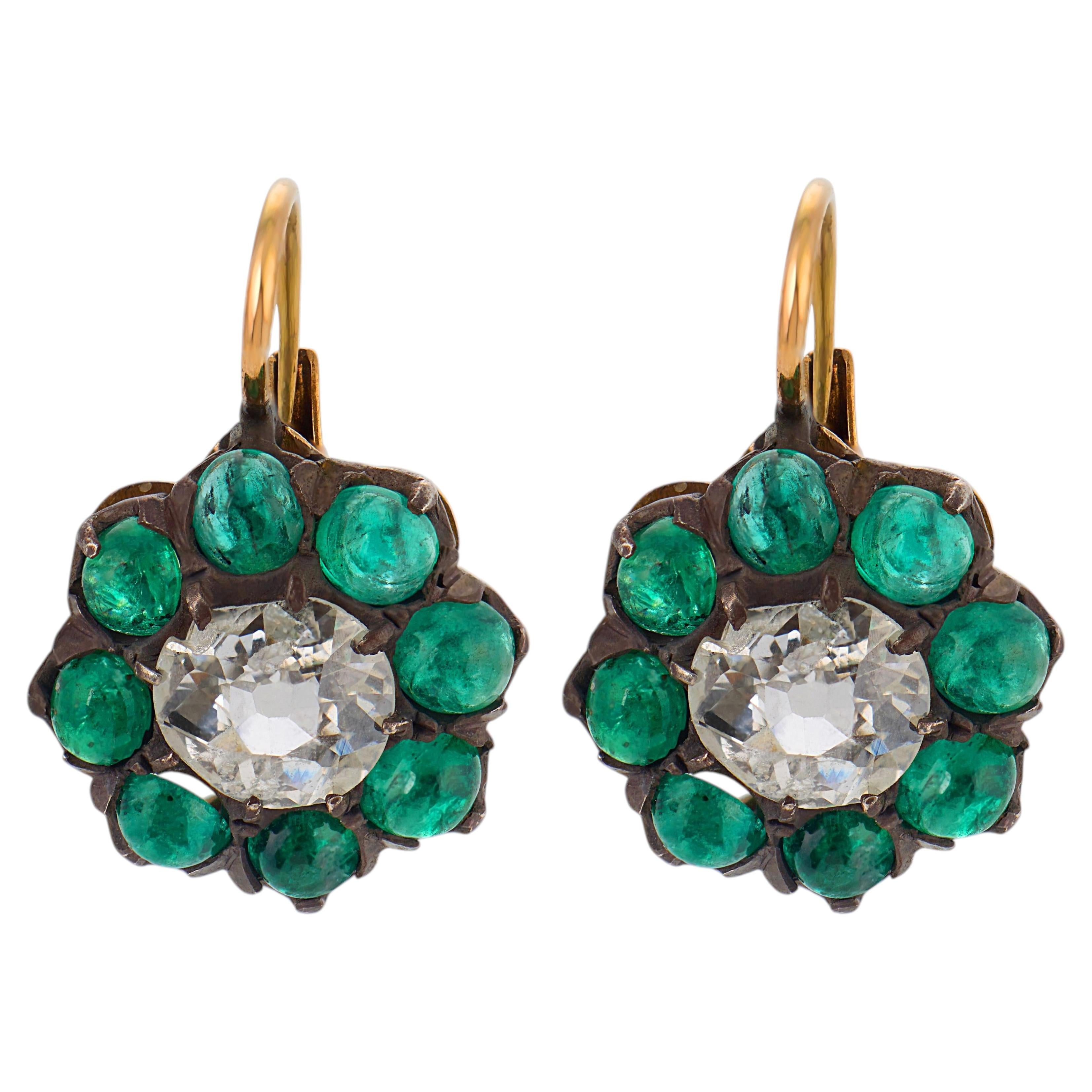 Victorian 1.40 carat diamond cabochon emerald gold and silver cluster earrings
