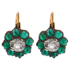 Victorian 1.40 carat diamond cabochon emerald gold and silver cluster earrings