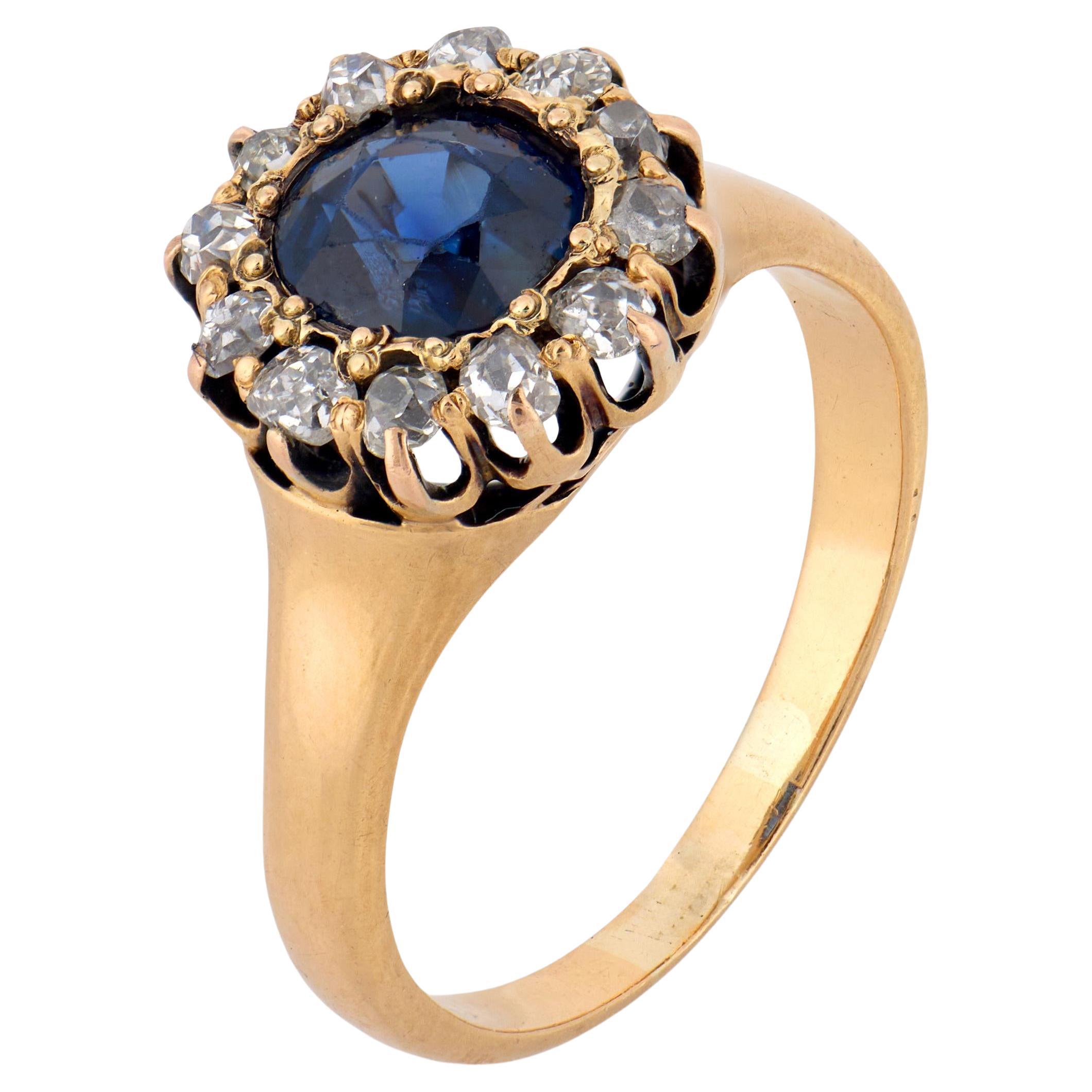 Anello vittoriano a grappolo con zaffiro e diamante da 1,40 carati in oro giallo 18 carati in vendita