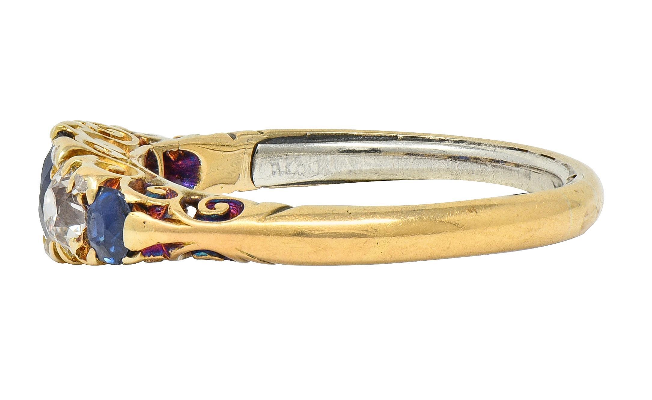 Bague Victorienne 1.40 CTW Saphir Diamant Or Jaune 18K Bague Rouleau Antique en vente 1