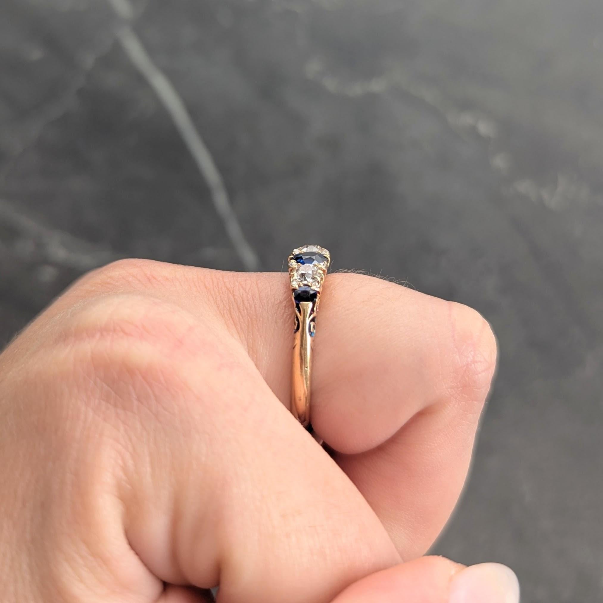 Bague Victorienne 1.40 CTW Saphir Diamant Or Jaune 18K Bague Rouleau Antique en vente 4