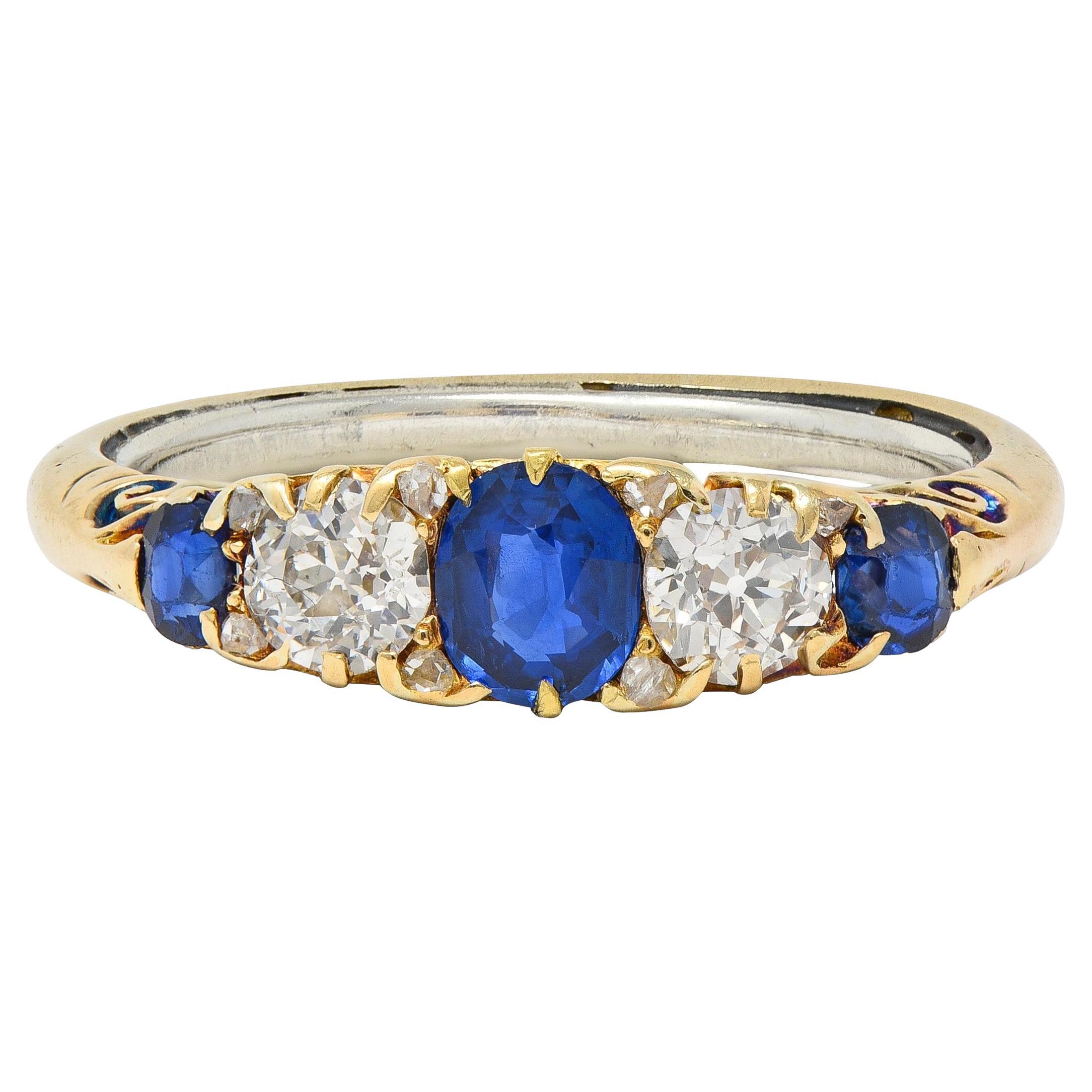 Viktorianischer 1.40 CTW Saphir Diamant 18K Gelbgold Antiker Scroll Band Ring im Angebot