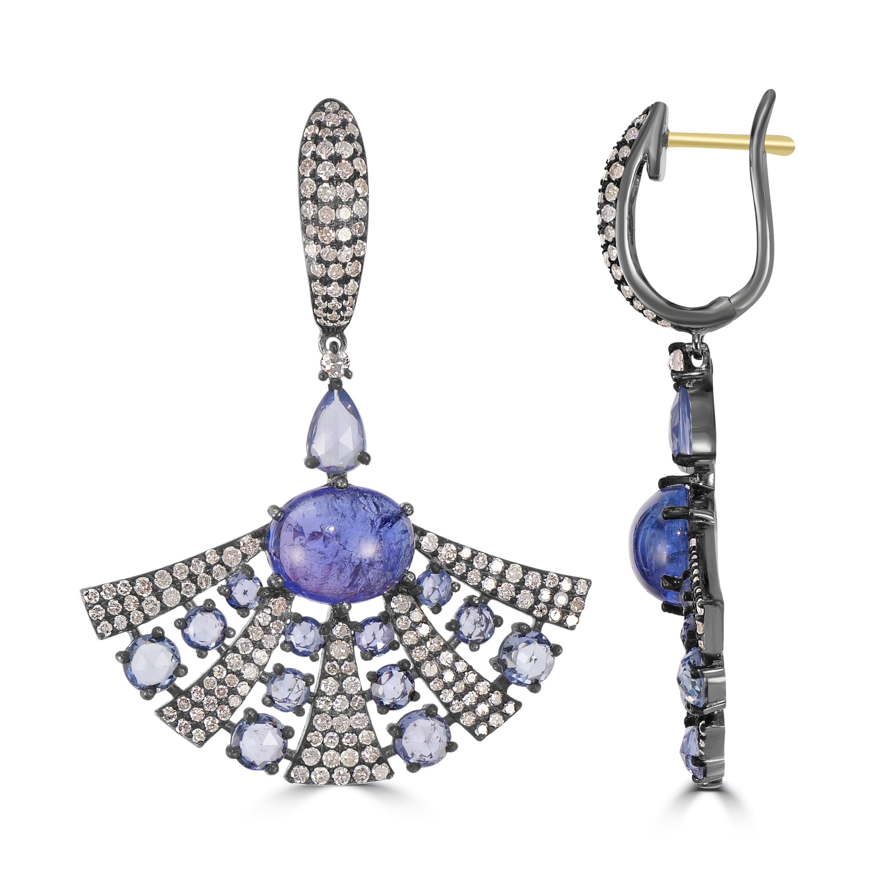 Cabochon Victorian 14.02 Cttw. Tanzanite, Blue Sapphire and Diamond Dangle Arch Earrings For Sale