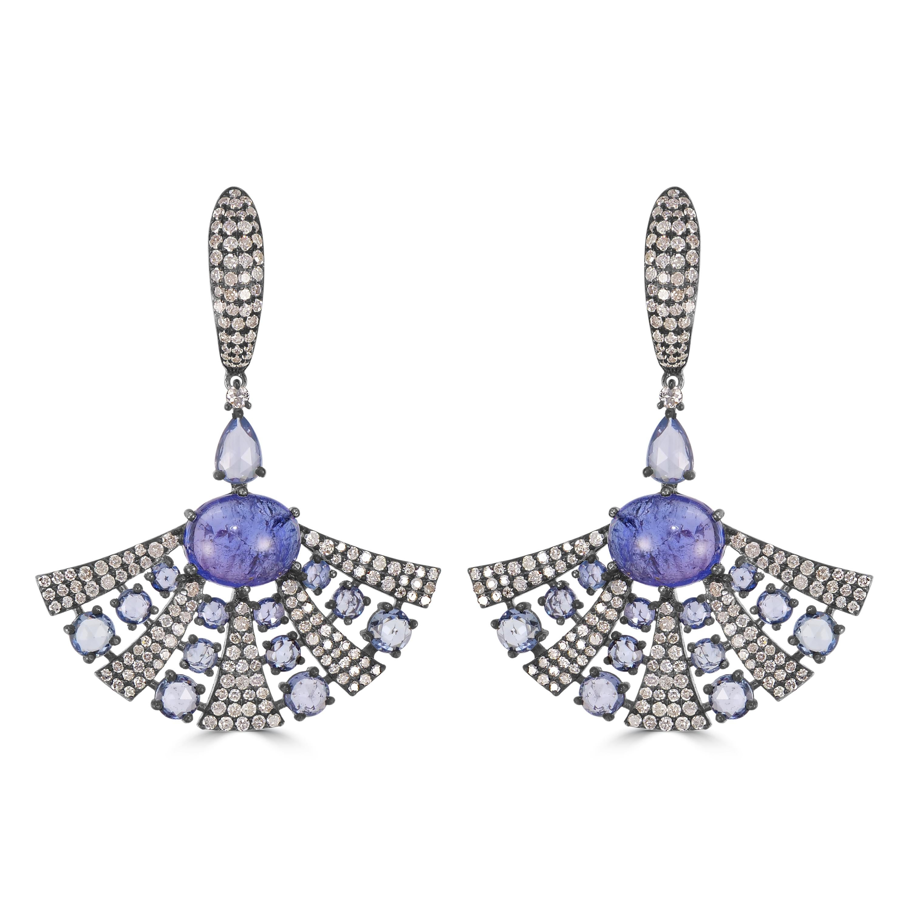 Victorian 14.02 Cttw. Tanzanite, Blue Sapphire and Diamond Dangle Arch Earrings In New Condition For Sale In New York, NY