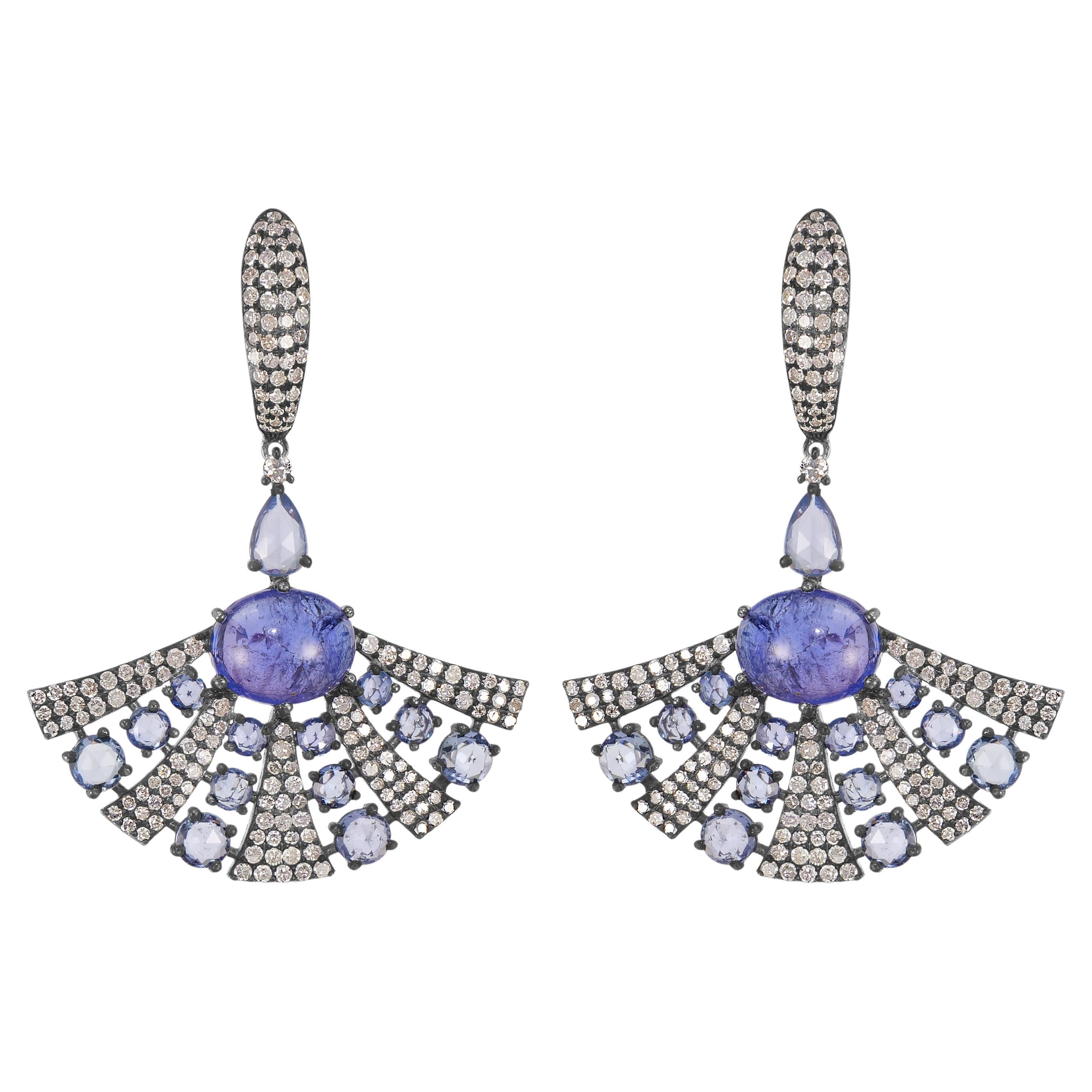 Victorian 14.02 Cttw. Tanzanite, Blue Sapphire and Diamond Dangle Arch Earrings For Sale