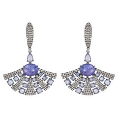 Victorian 14.02 ct. pt. Boucles d'oreilles pendantes en Tanzanite, saphir bleu et diamant