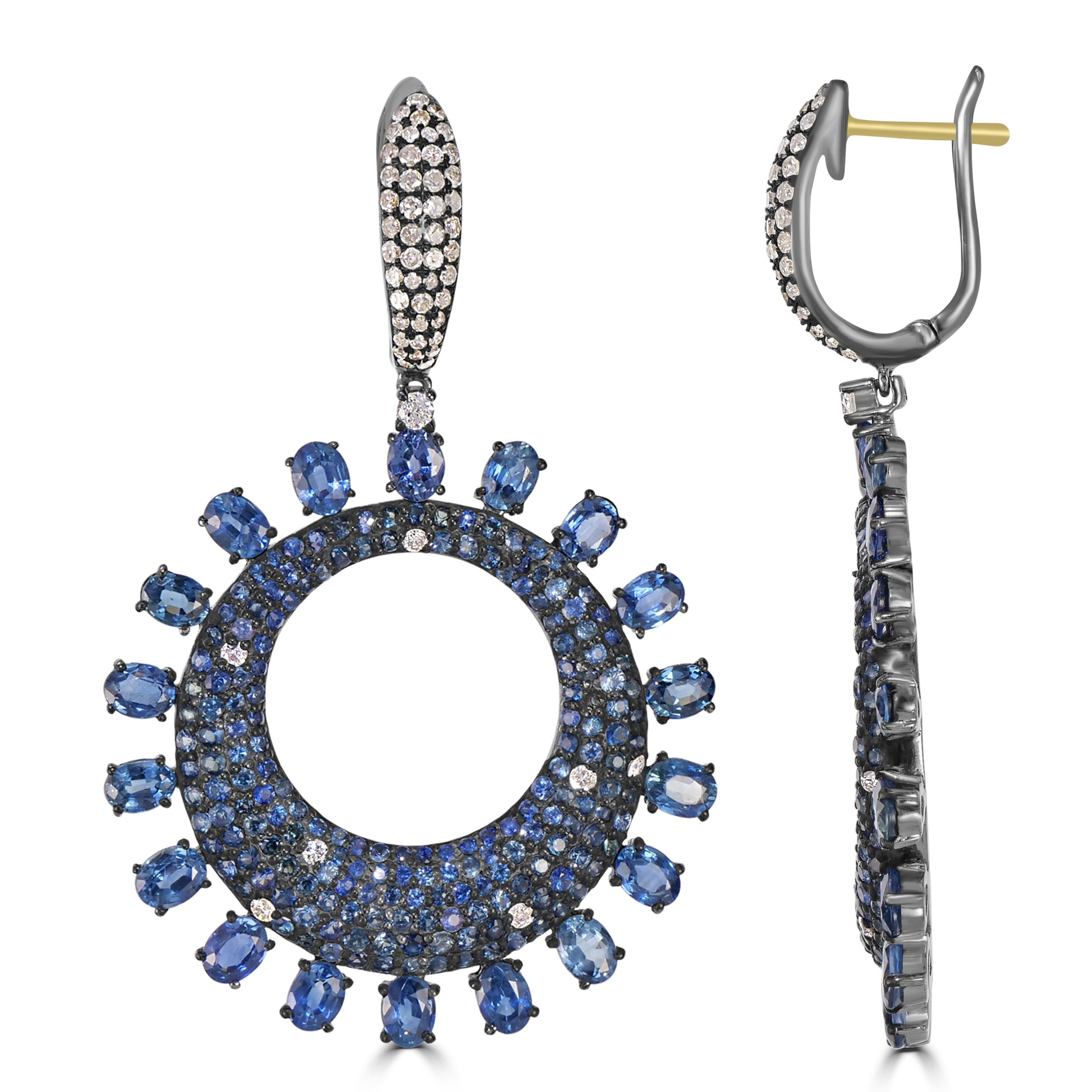 Round Cut Victorian 14.09 Cttw. Blue Sapphire and Diamond Dangle Earrings  For Sale