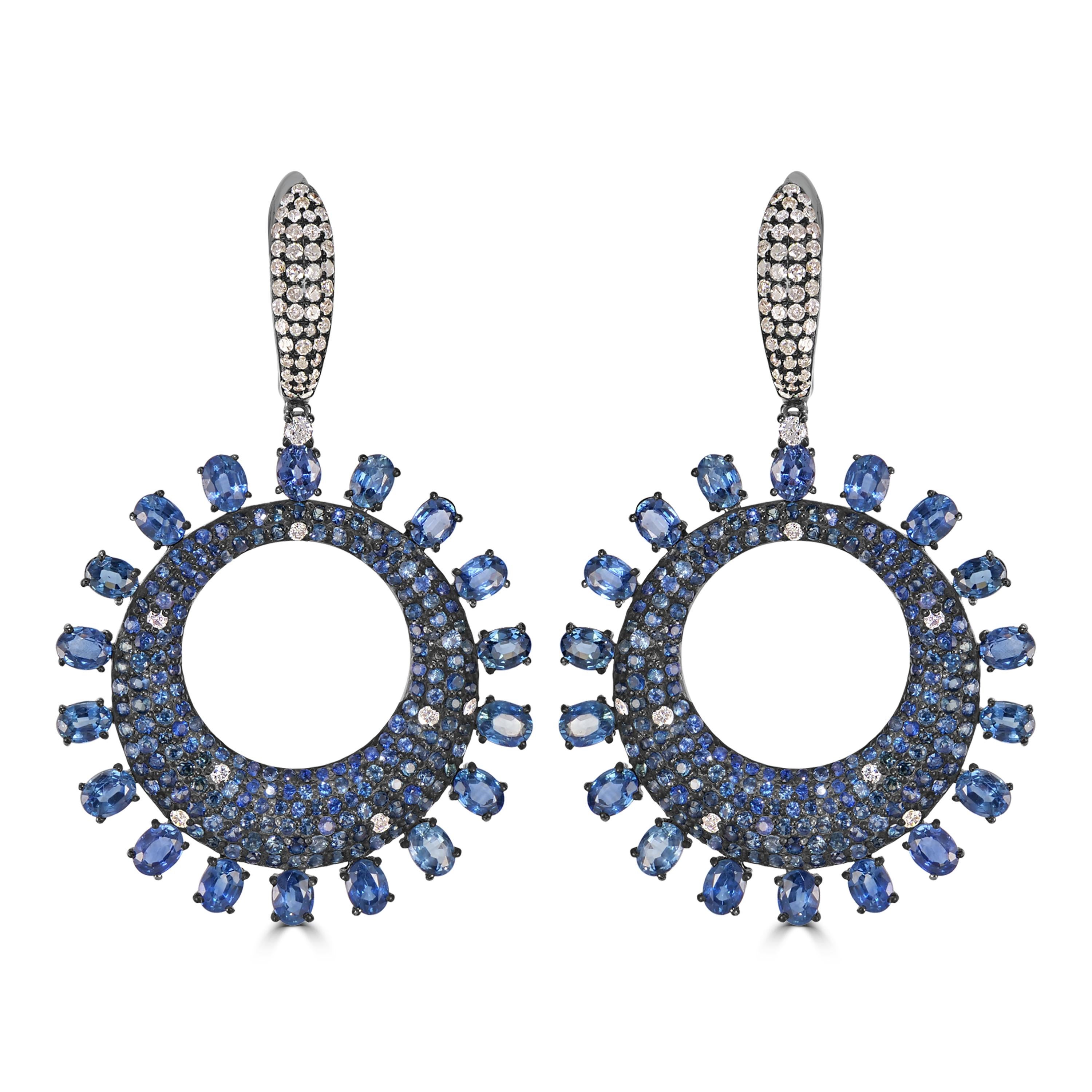 Victorian 14.09 Cttw. Blue Sapphire and Diamond Dangle Earrings  In New Condition For Sale In New York, NY