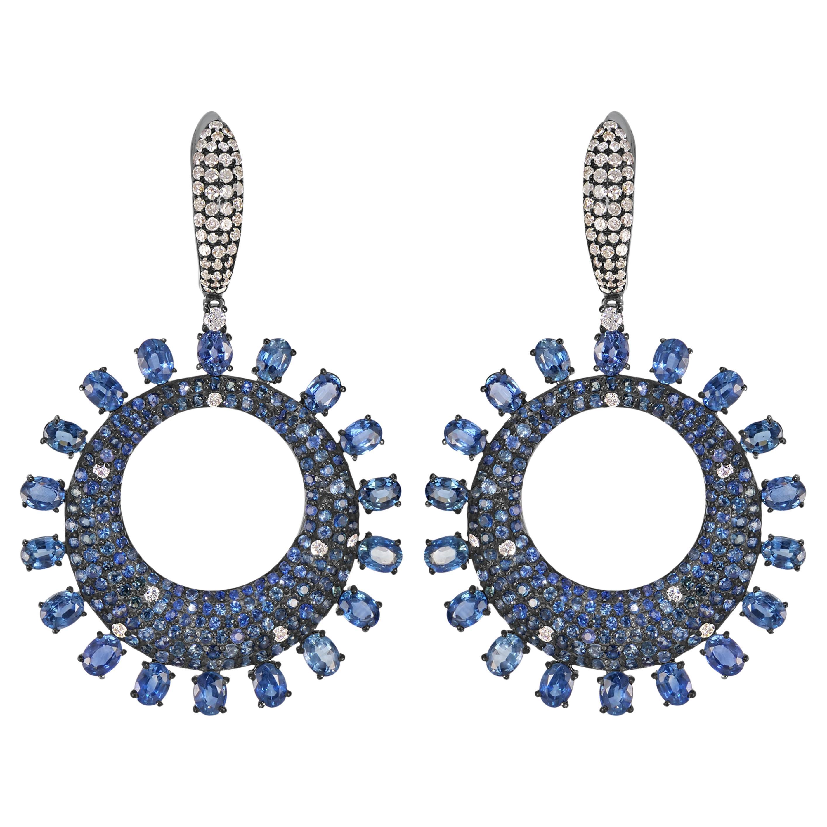 Victorian 14.09 Cttw. Blue Sapphire and Diamond Dangle Earrings  For Sale
