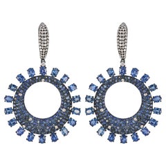 Victorian 14.09 ct. pt. Boucles d'oreilles pendantes en saphir bleu et diamant 