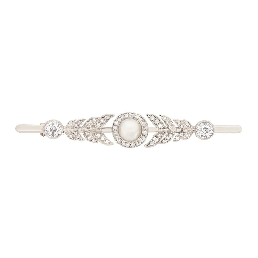 Old European Cut Victorian 1.40 Carat Diamond and Pearl Brooch, circa 1900s For Sale