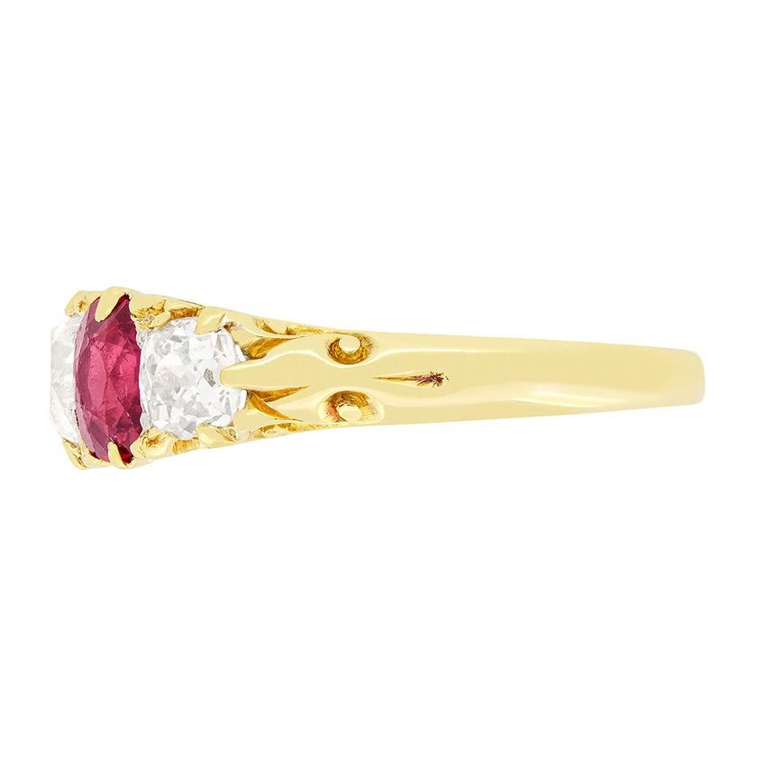 Old Mine Cut Victorian 1.40ct Diamond and Ruby Five Stone Ring, c.1880s For Sale