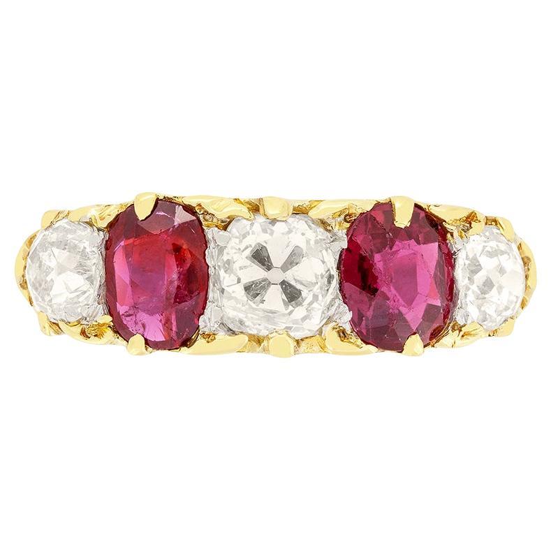 Victorian 1.40ct Diamond and Ruby Five Stone Ring, c.1880s For Sale