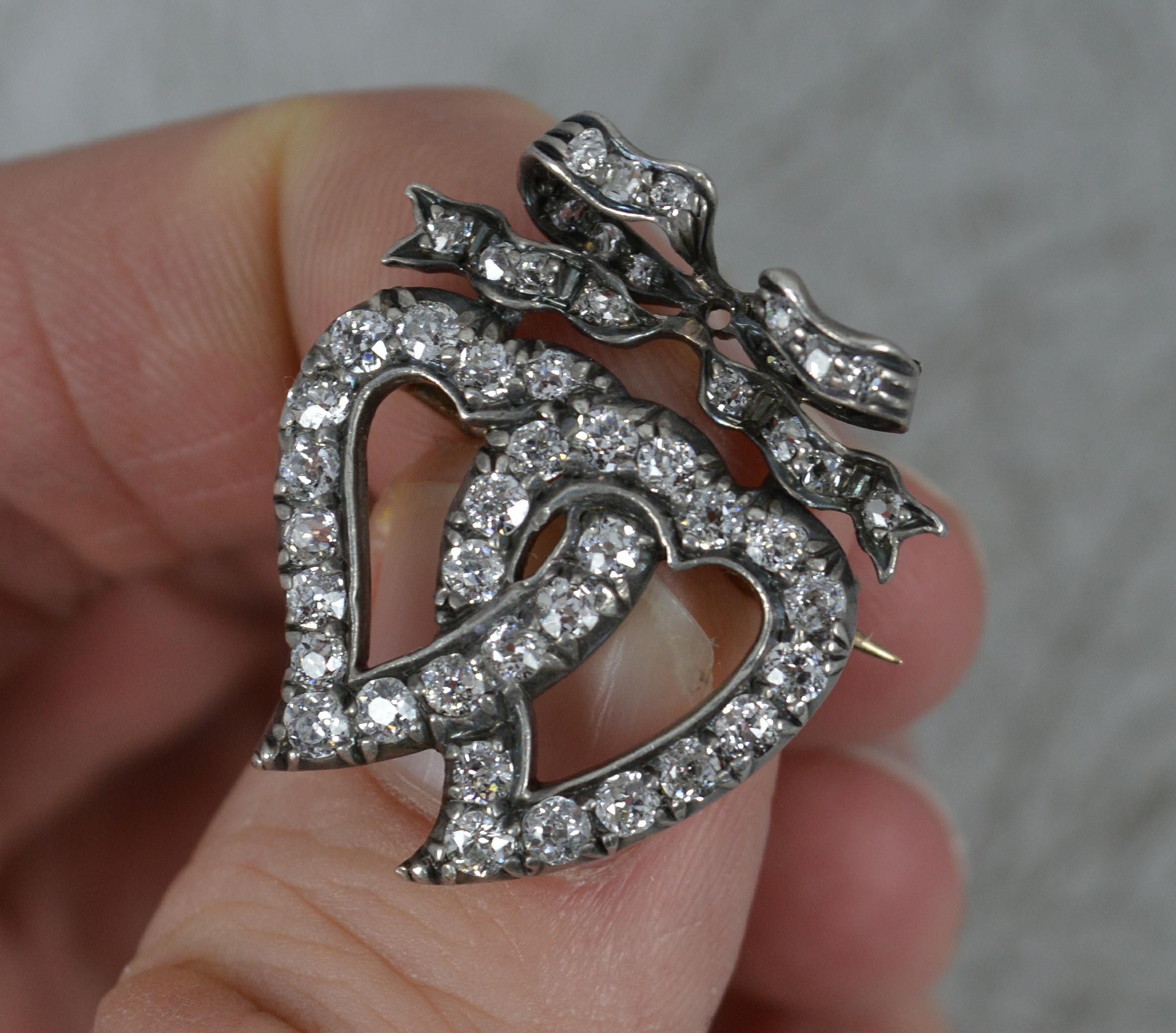 Old European Cut Victorian 1.40ct Old Cut Diamond 18ct Gold Double Witches Heart Bow Brooch For Sale