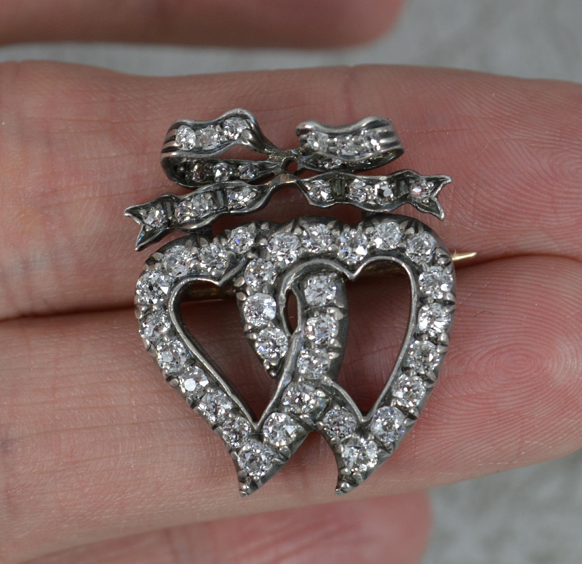 Victorian 1.40ct Old Cut Diamond 18ct Gold Double Witches Heart Bow Brooch In Excellent Condition For Sale In St Helens, GB