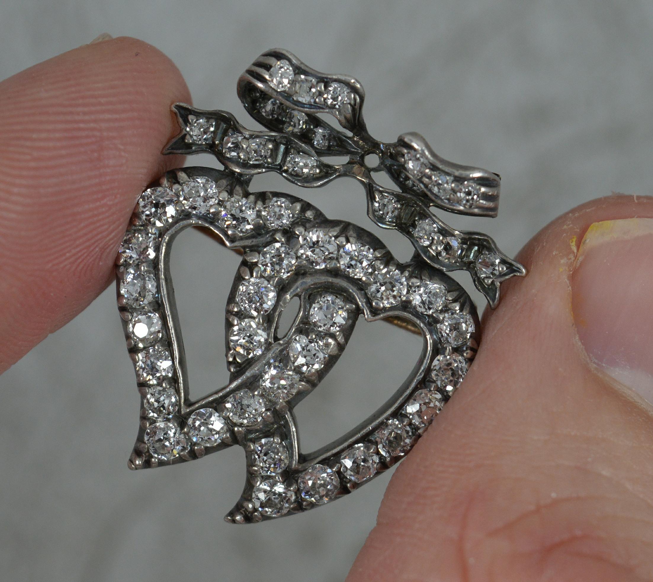 Victorian 1.40ct Old Cut Diamond 18ct Gold Double Witches Heart Bow Brooch For Sale 2