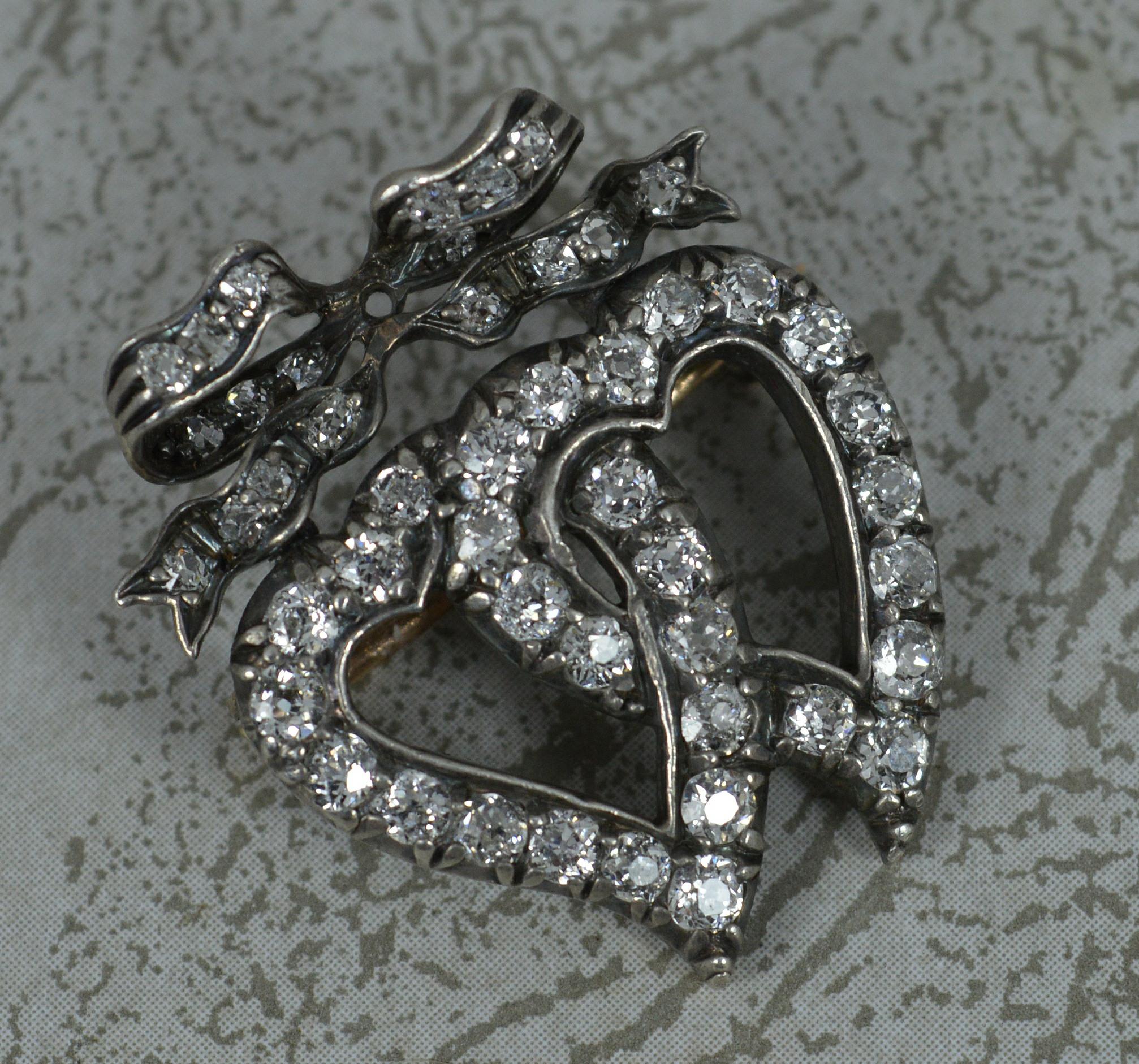 Victorian 1.40ct Old Cut Diamond 18ct Gold Double Witches Heart Bow Brooch 3