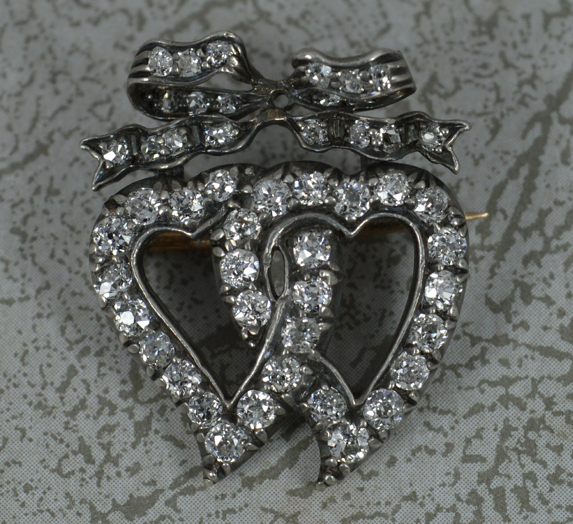 Victorian 1.40ct Old Cut Diamond 18ct Gold Double Witches Heart Bow Brooch For Sale 4