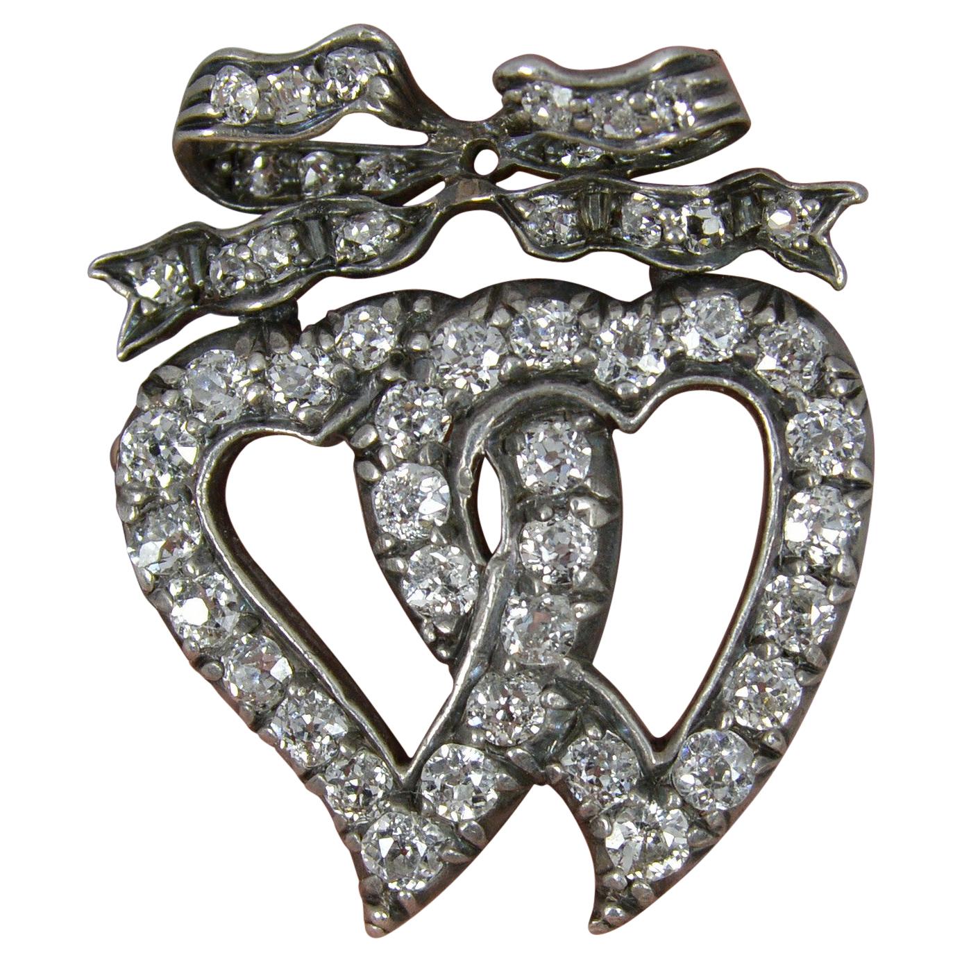 Victorian 1.40ct Old Cut Diamond 18ct Gold Double Witches Heart Bow Brooch For Sale