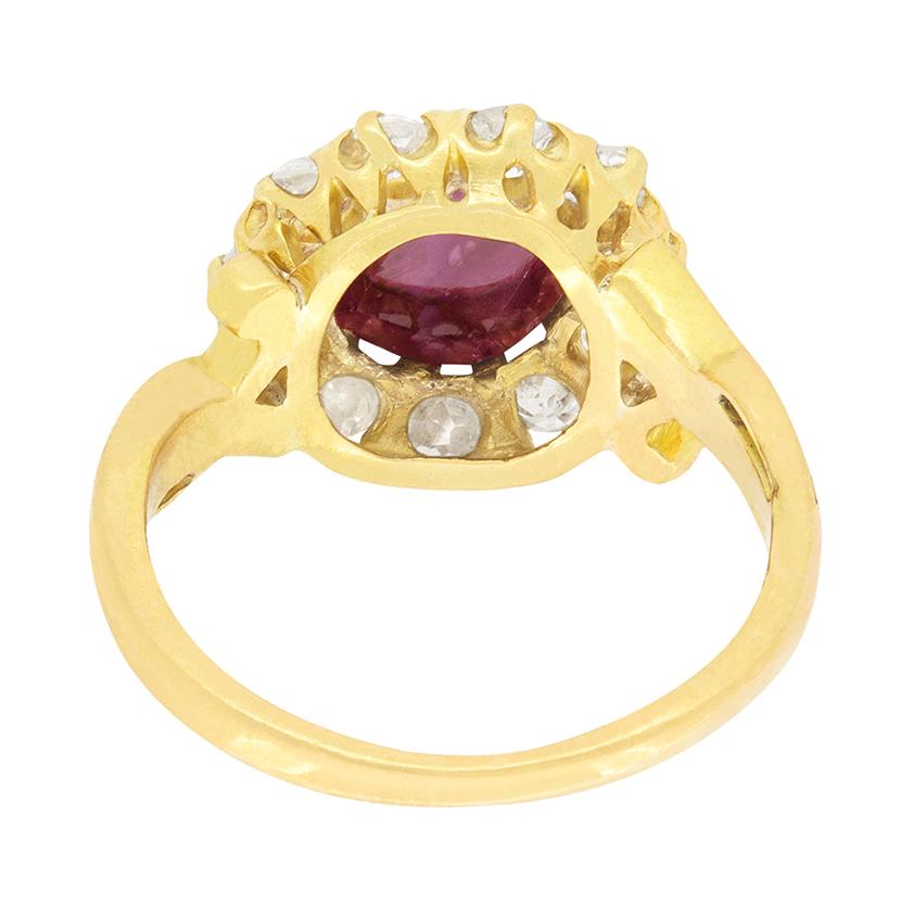 Cabochon Victorian 1.40ct Ruby and Diamond Halo Ring, c.1880s For Sale