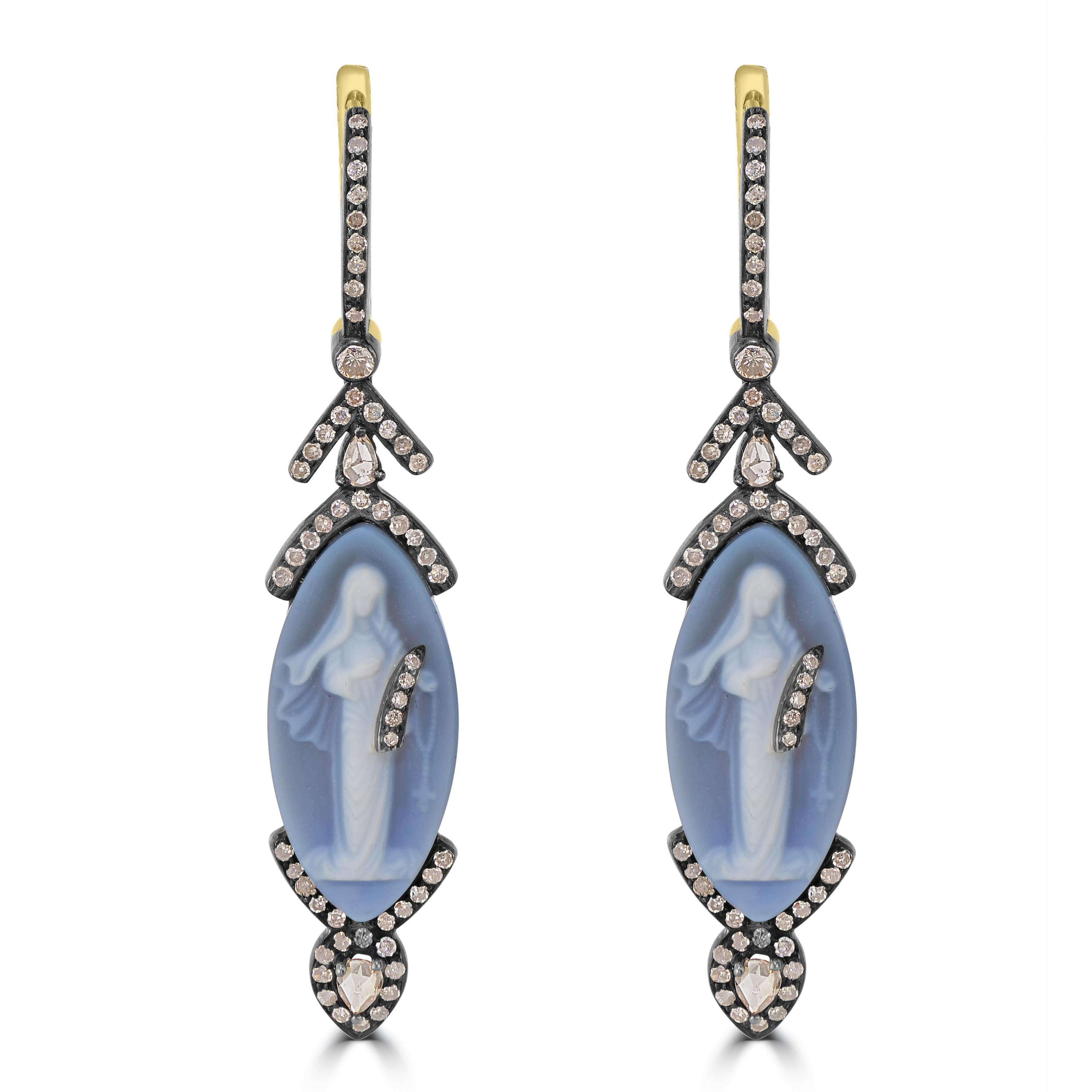 Victorian 14.1 Cttw. Grey Cameo and Diamond Marquise Drop Dangle Earrings  In New Condition For Sale In New York, NY