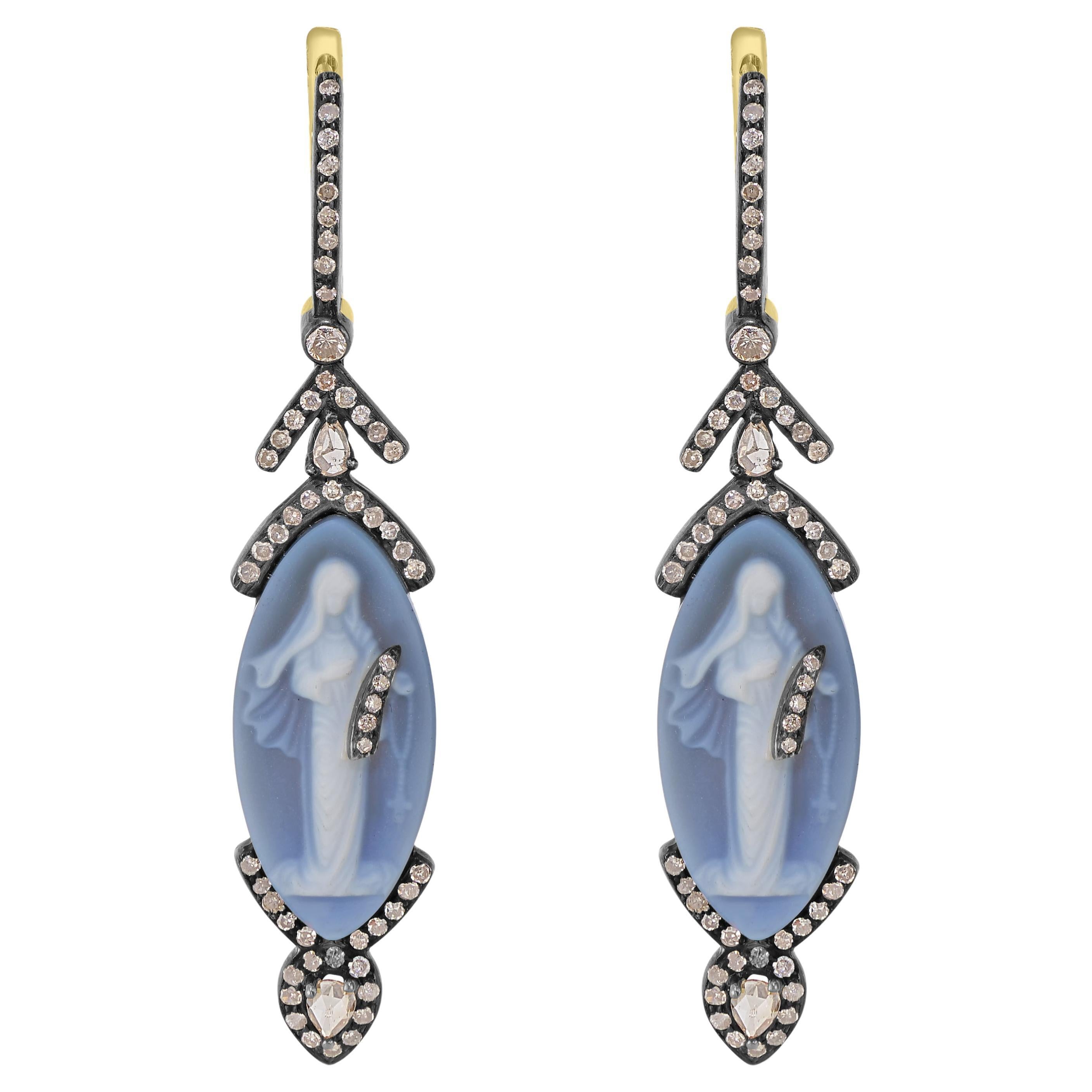 Victorian 14.1 Cttw. Grey Cameo and Diamond Marquise Drop Dangle Earrings  For Sale