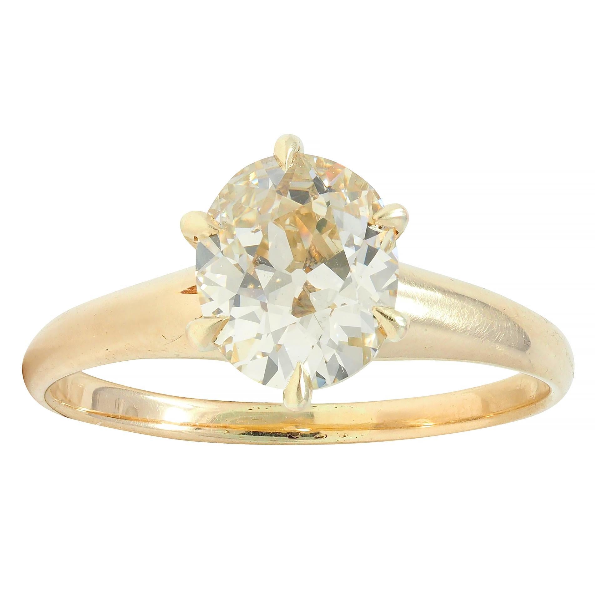 Women's or Men's Victorian 1.41 CTW Old Mine Cut Diamond 14 Karat Gold Solitaire Engagement Ring For Sale