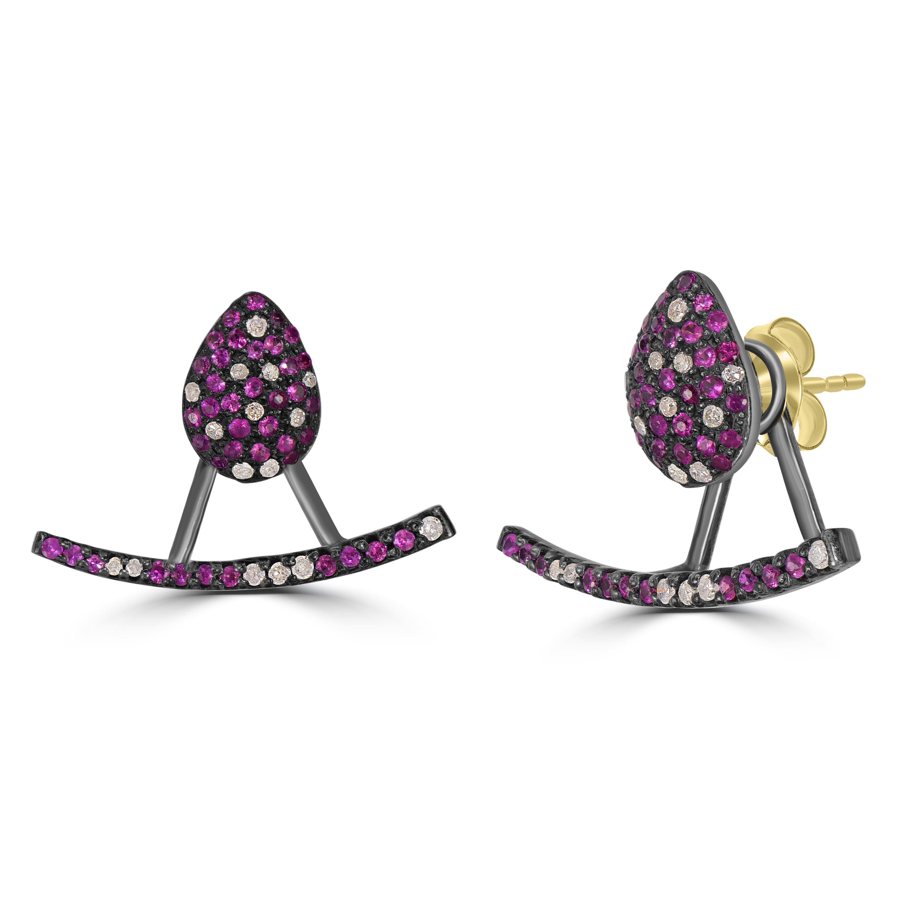 Experience the thrill of winter sports transformed into a wearable art form with these Victorian 1.42 Cttw. Ruby and Diamond Double Sided Stud Earrings. Crafted to resemble a skier in mid-descent, these earrings capture the dynamic essence of skiing