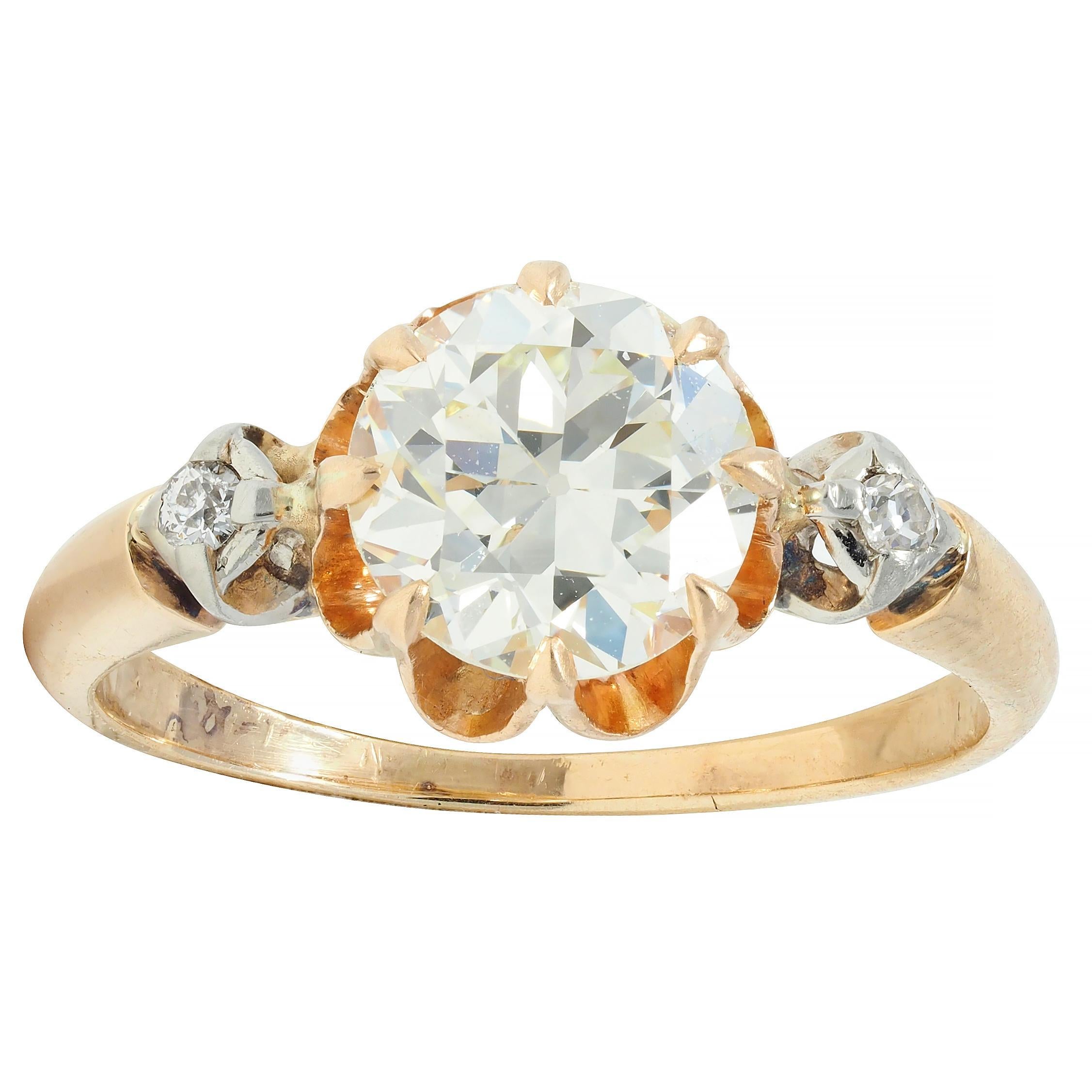 Victorian 1.42 CTW Old European Diamond 14 Karat Gold Antique Engagement Ring For Sale 4